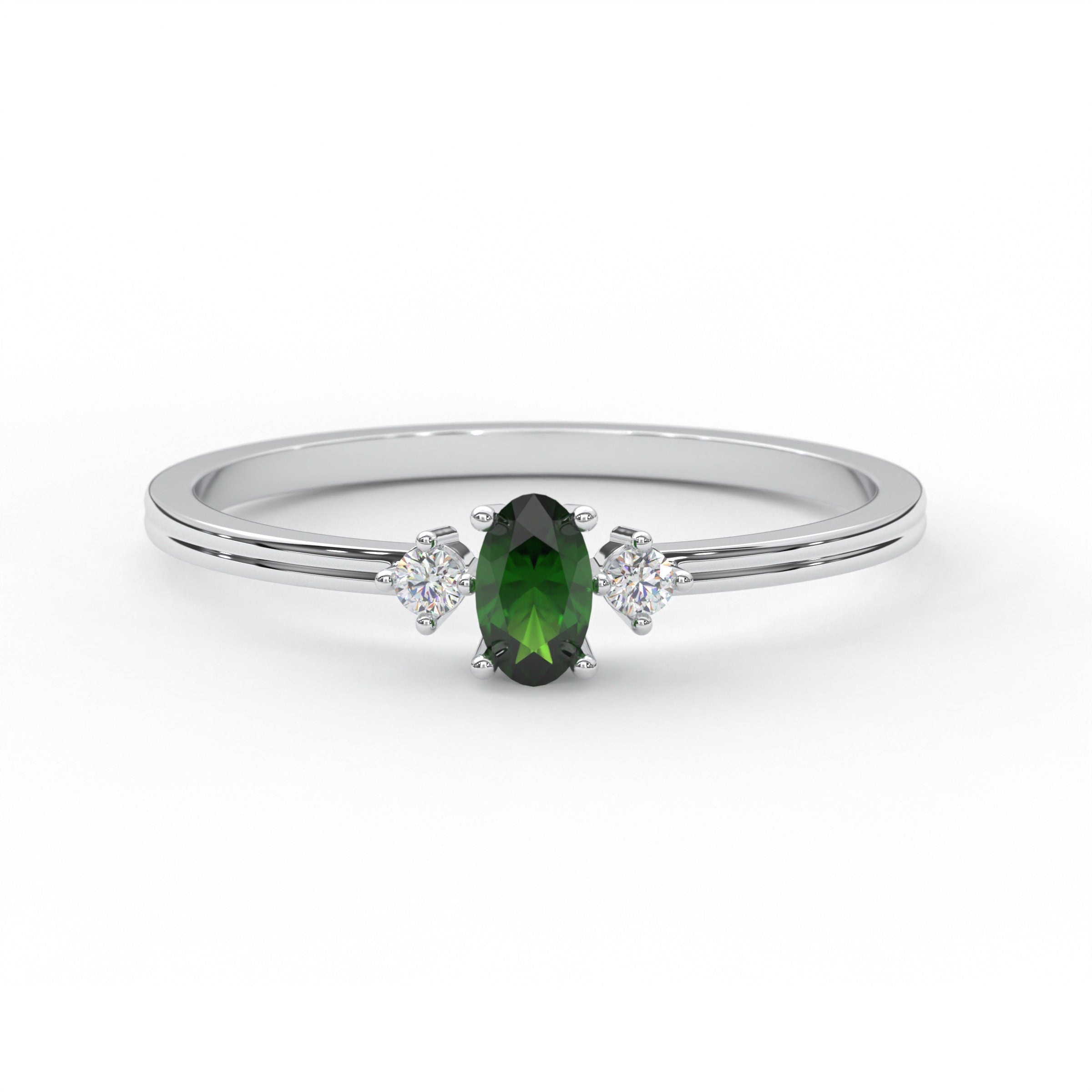 Solid Gold Emerald Ring Dainty Three Stone Stacking