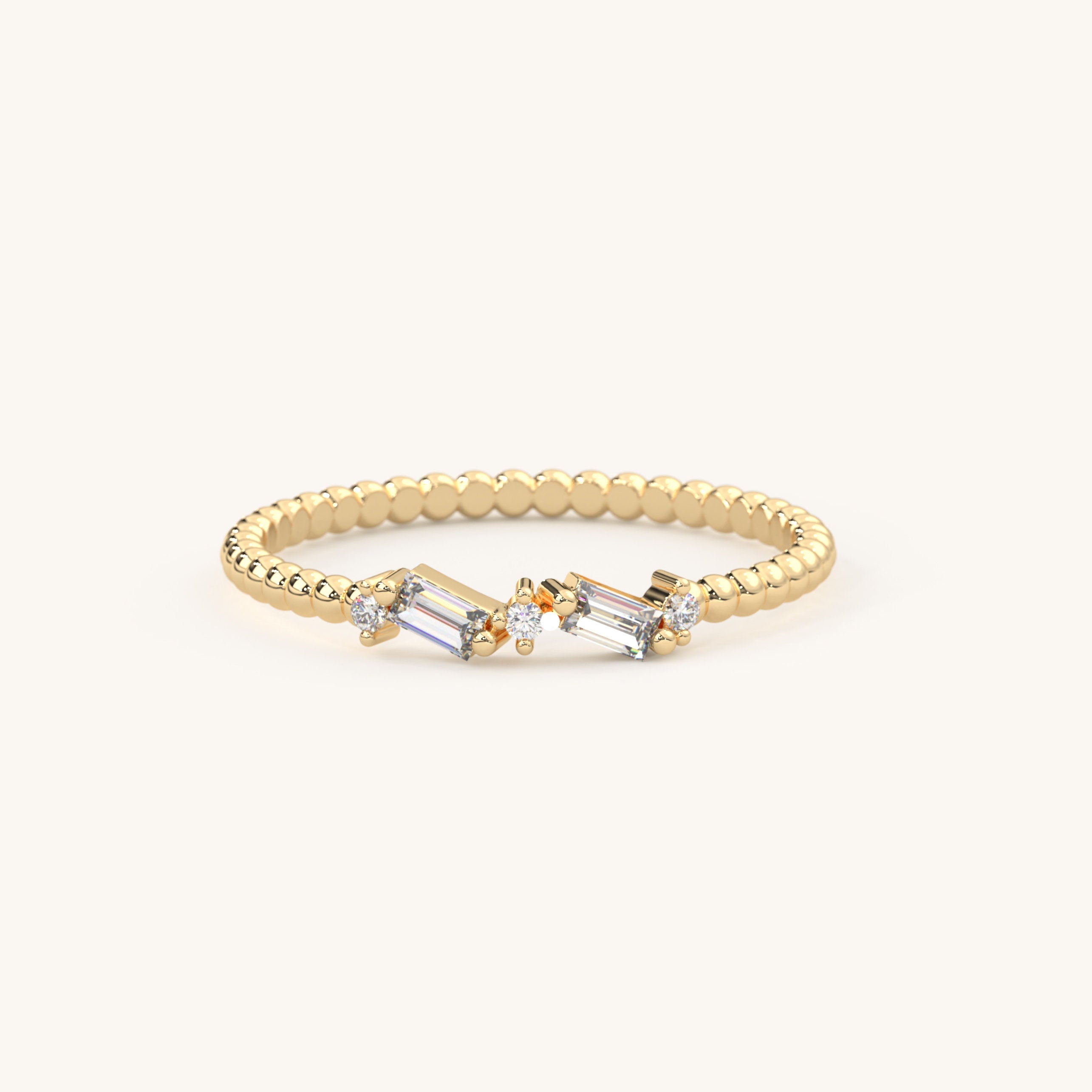 Beaded Band Diamond Cluster Gold Baguette Ring
