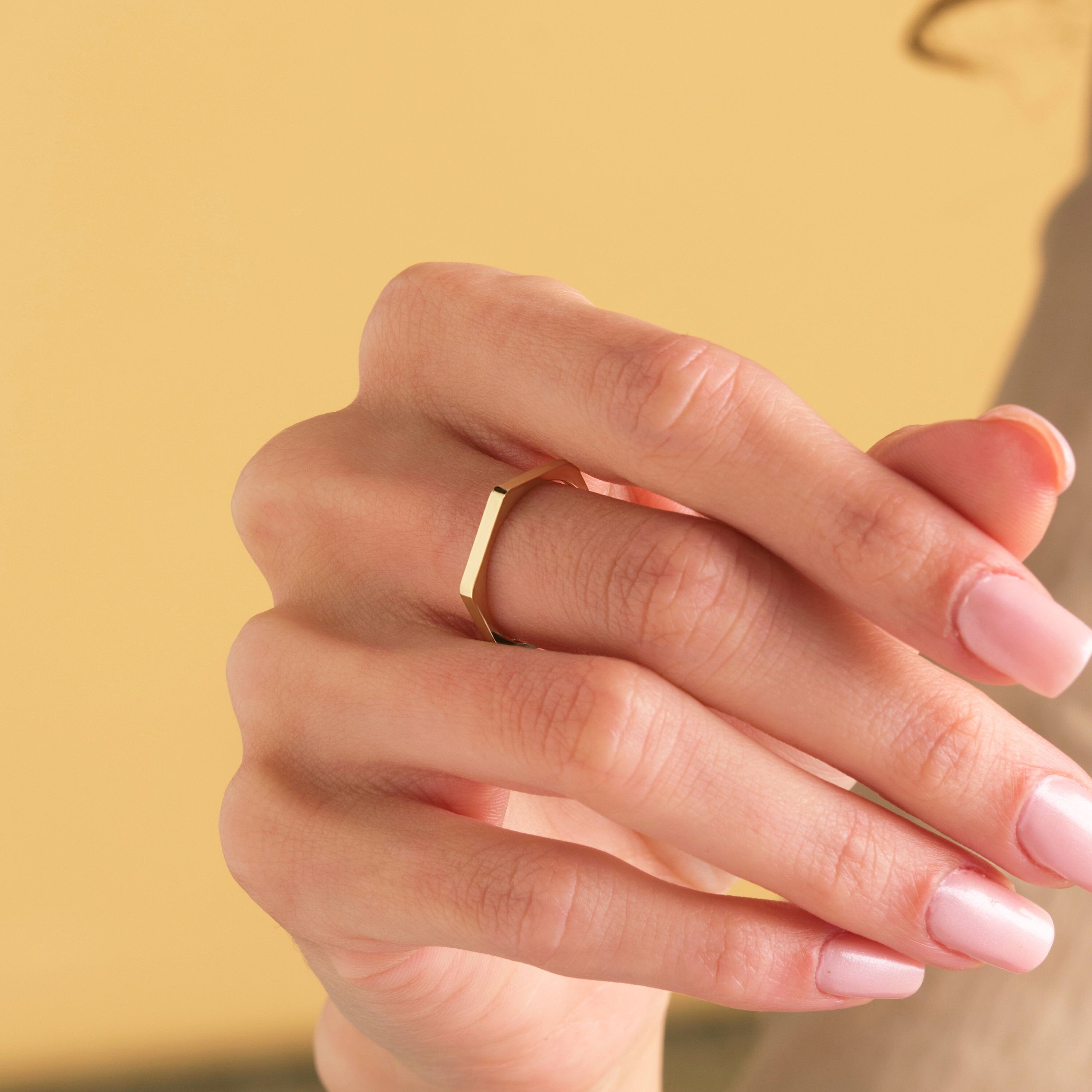 14K Gold Hexagon Ring Durable Geometric Band