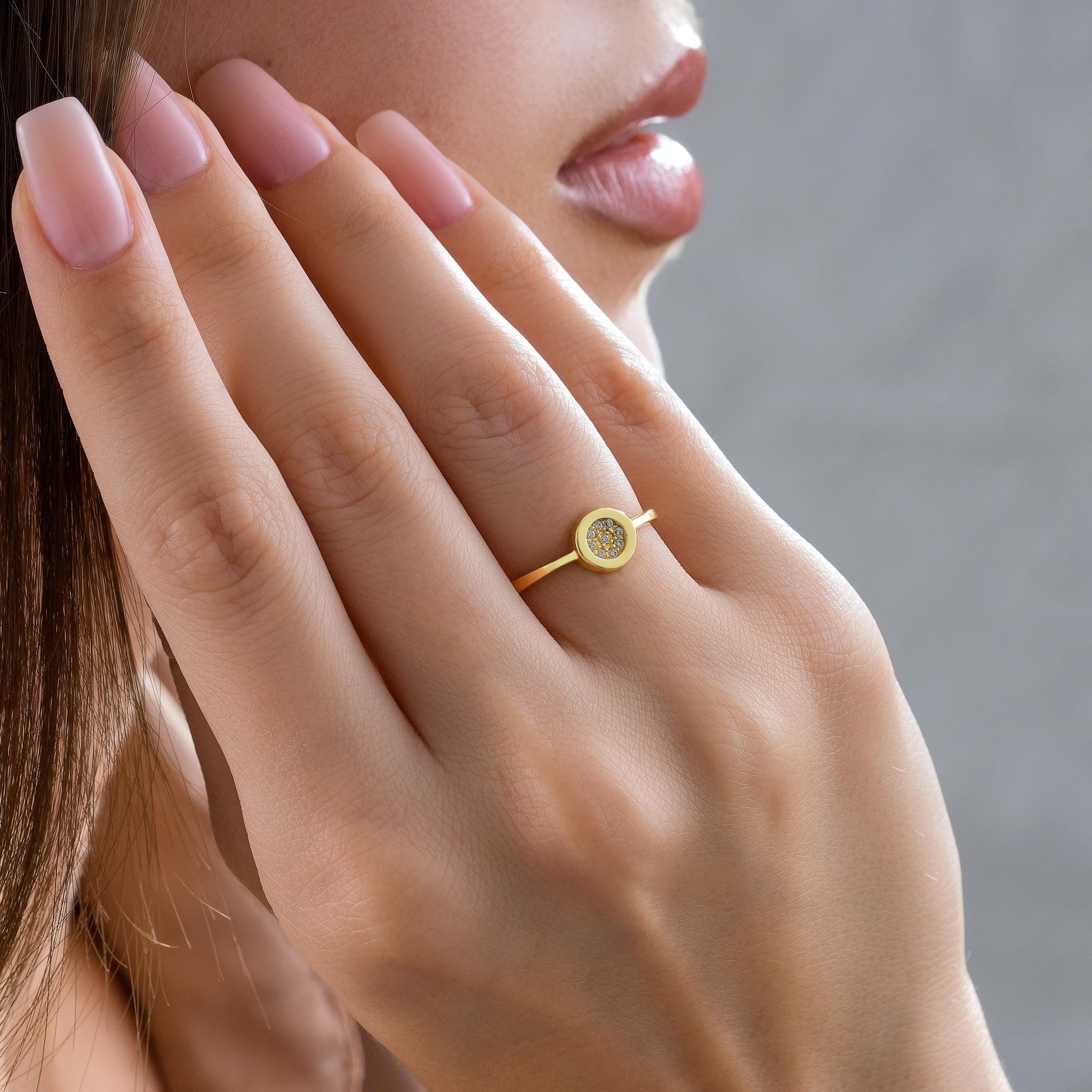 Bezel Gold Cluster Ring Solid Gold Disc Band