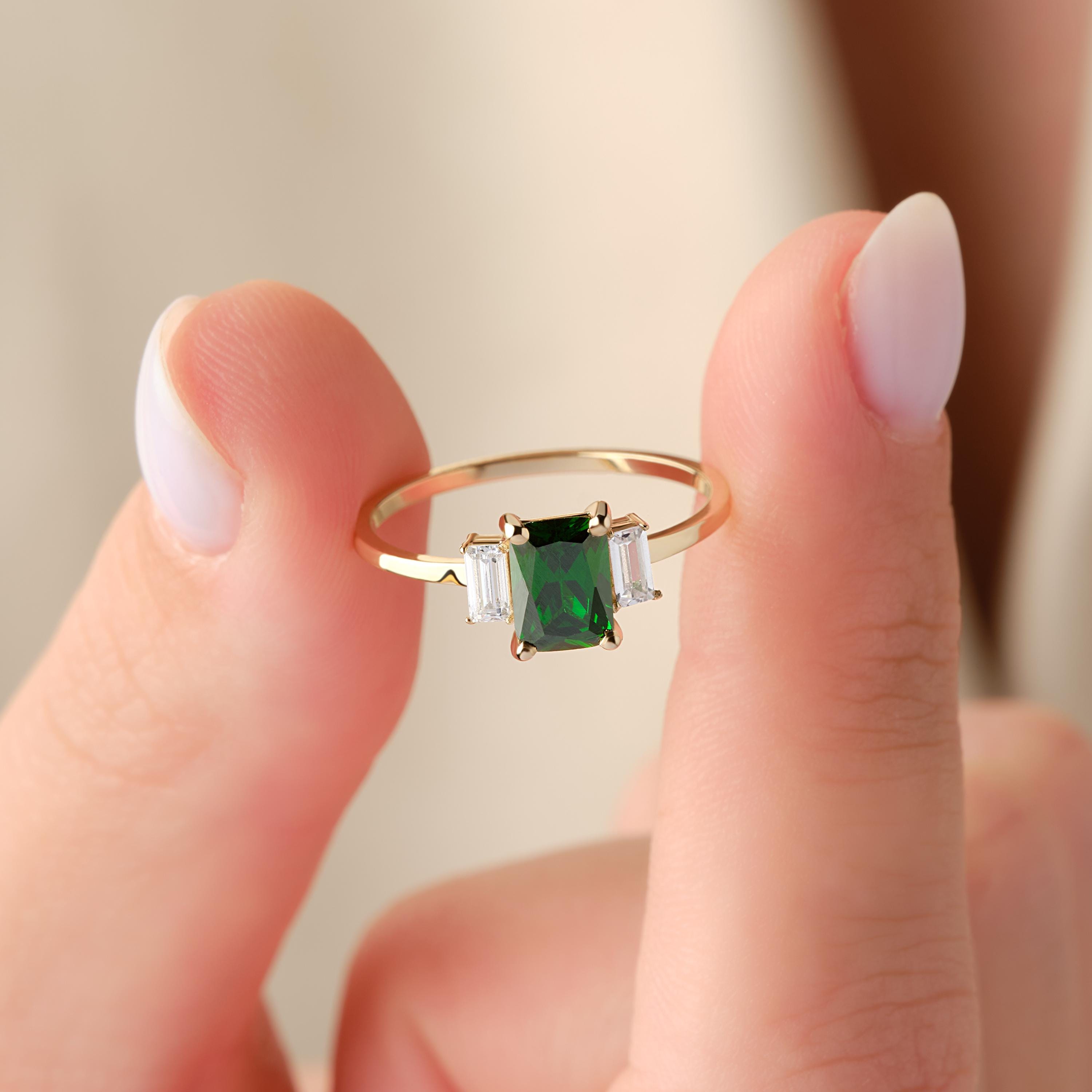 Three Stone Solid Gold Emerald Engagement Ring