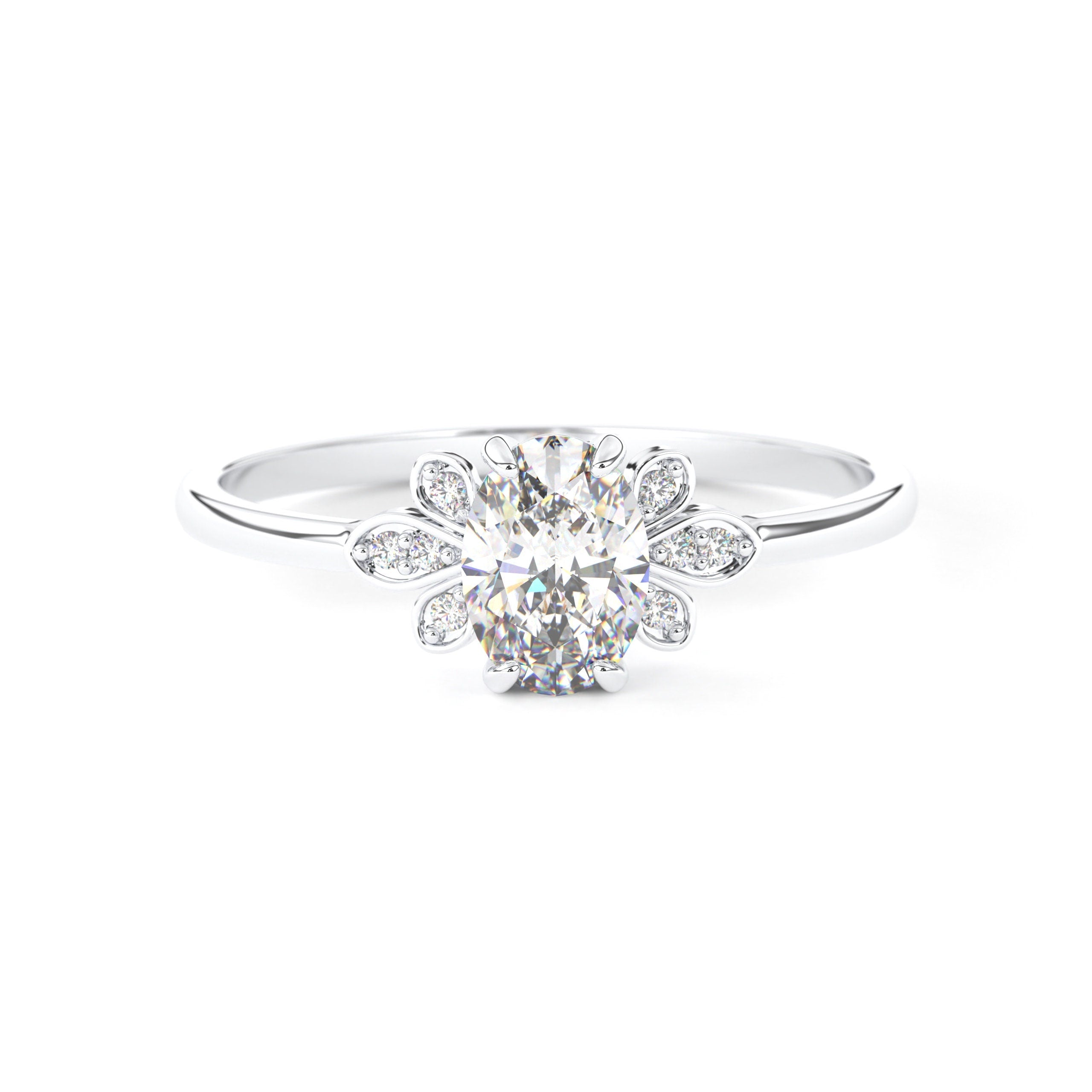 Solid Gold Floral Ring Oval Cut Diamond Cluster