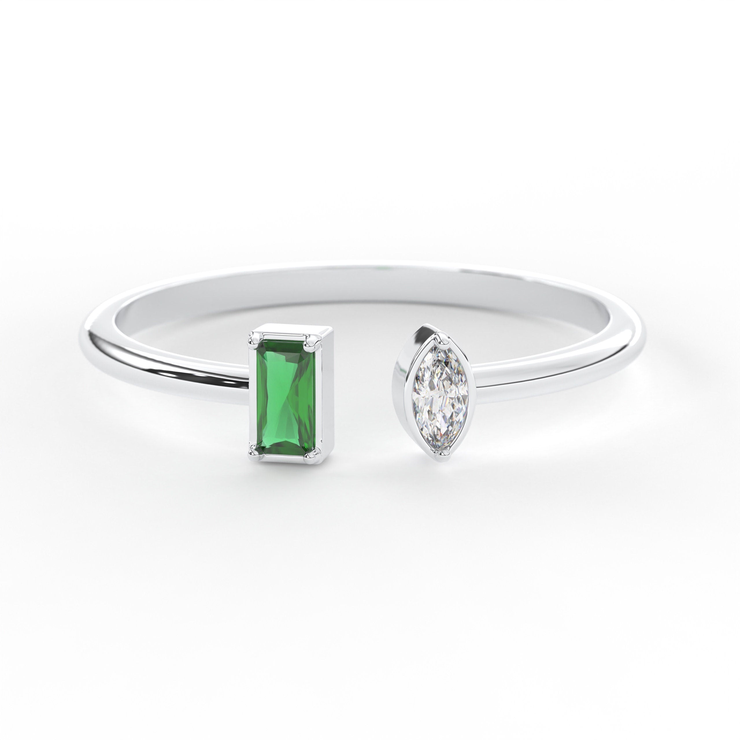 Emerald Diamond Ring Open Design Solid Gold