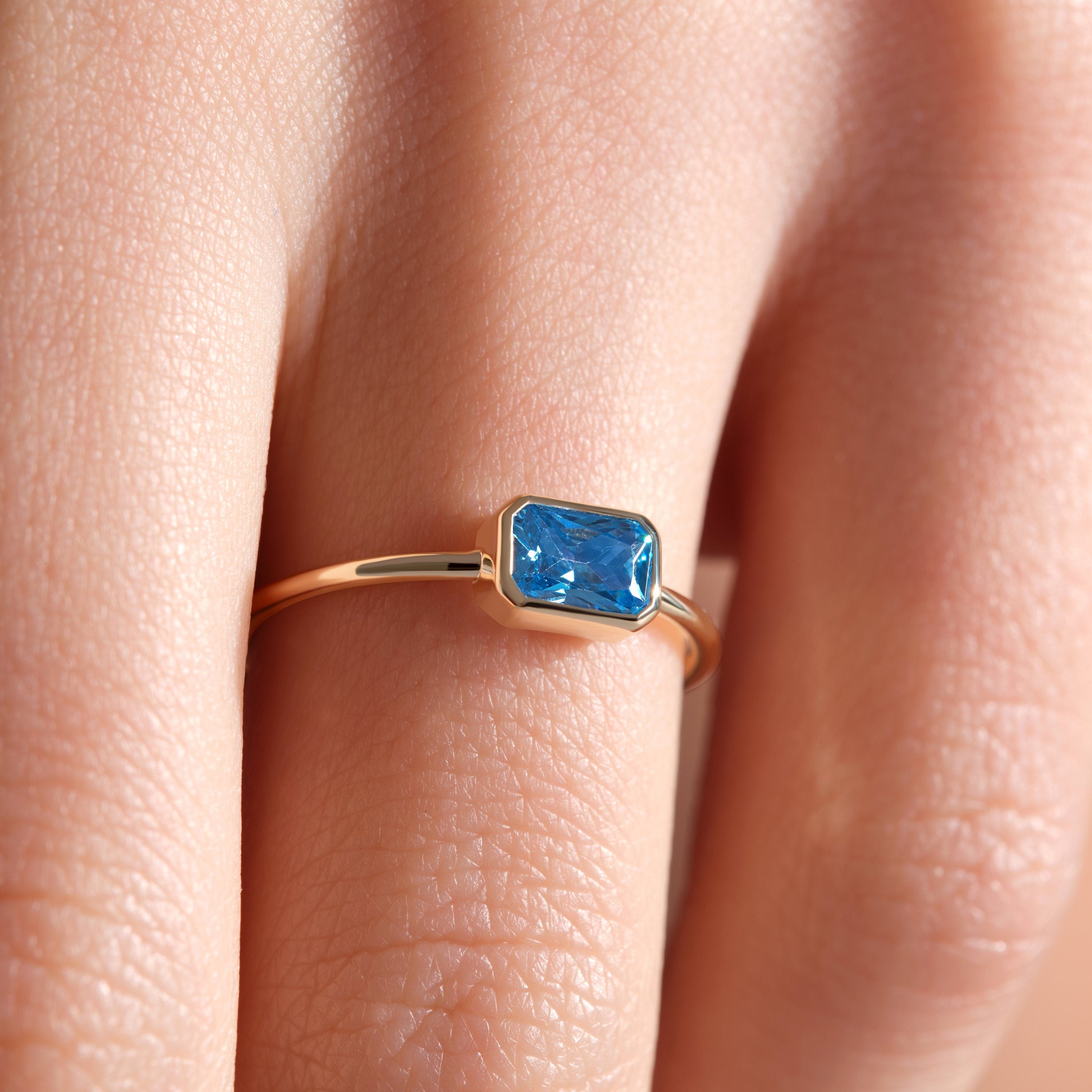 Blue Topaz Ring Bezel Set Emerald Cut Solid Gold