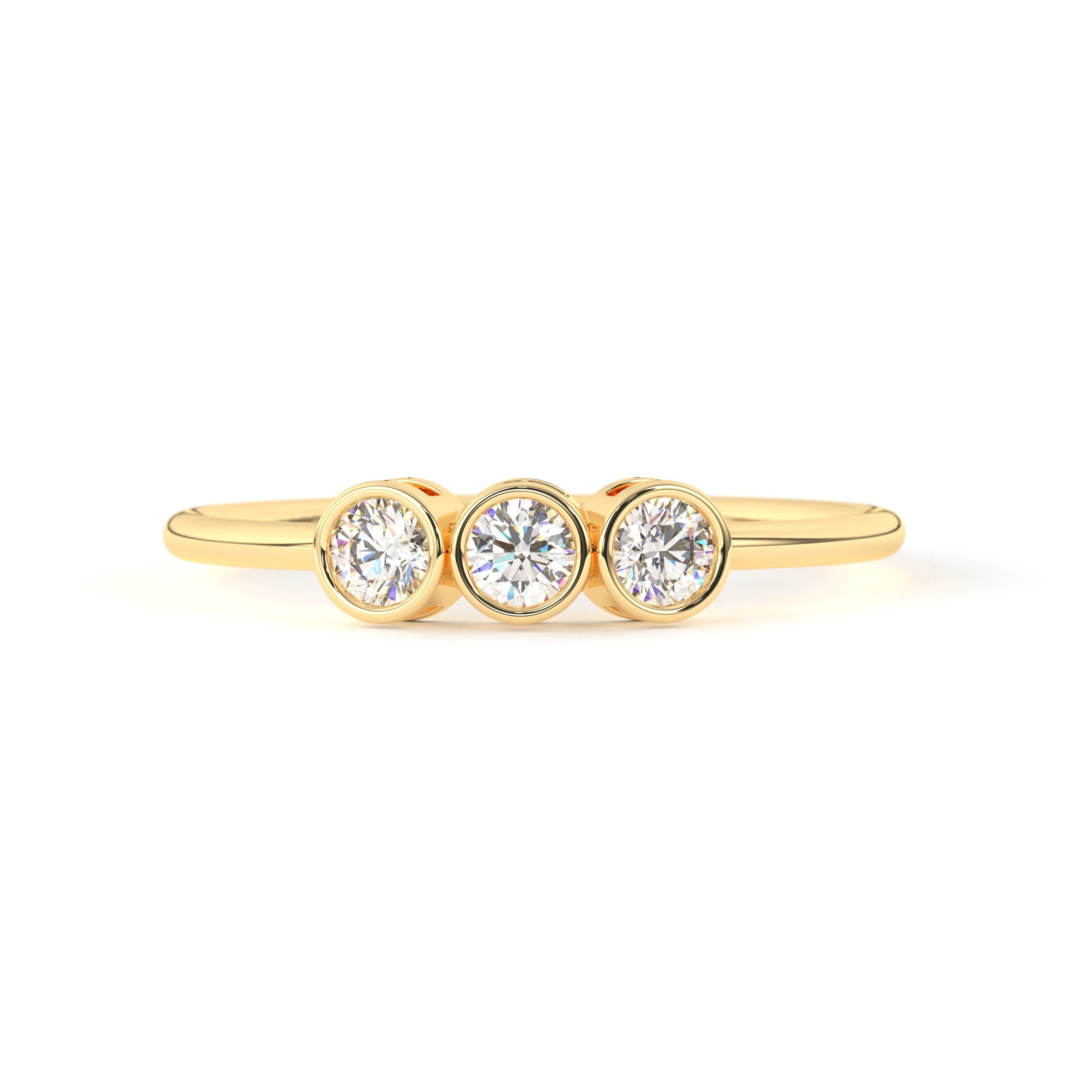 Solid Gold Bezel Set Three Stone Engagement Ring