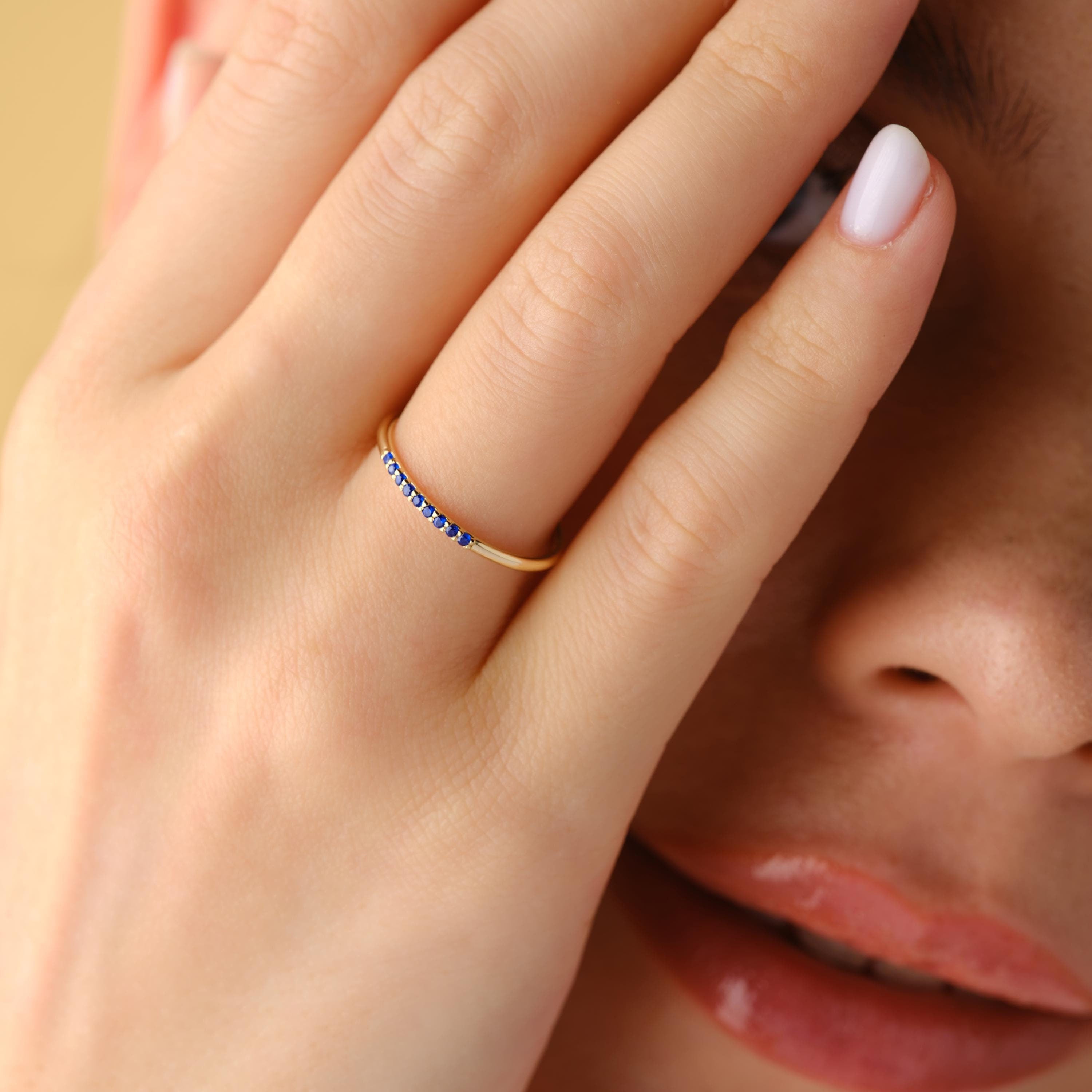 Blue Sapphire Ring Solid Gold Dainty Band
