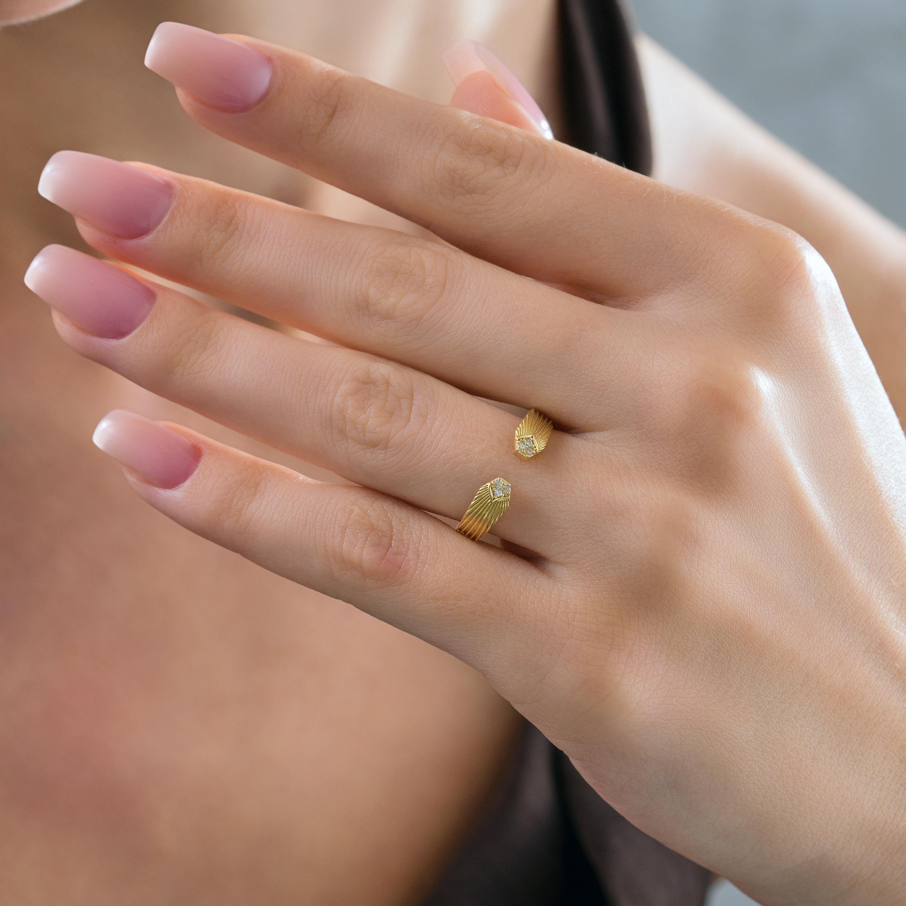 textured solid gold open ring CZ diamond cluster