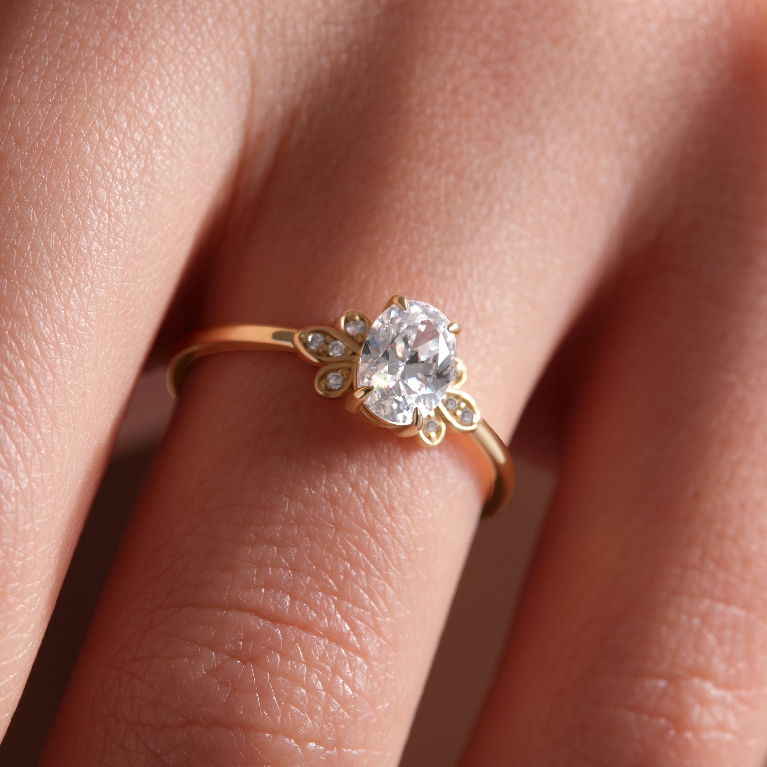 Solid Gold Floral Ring Oval Cut Diamond Cluster