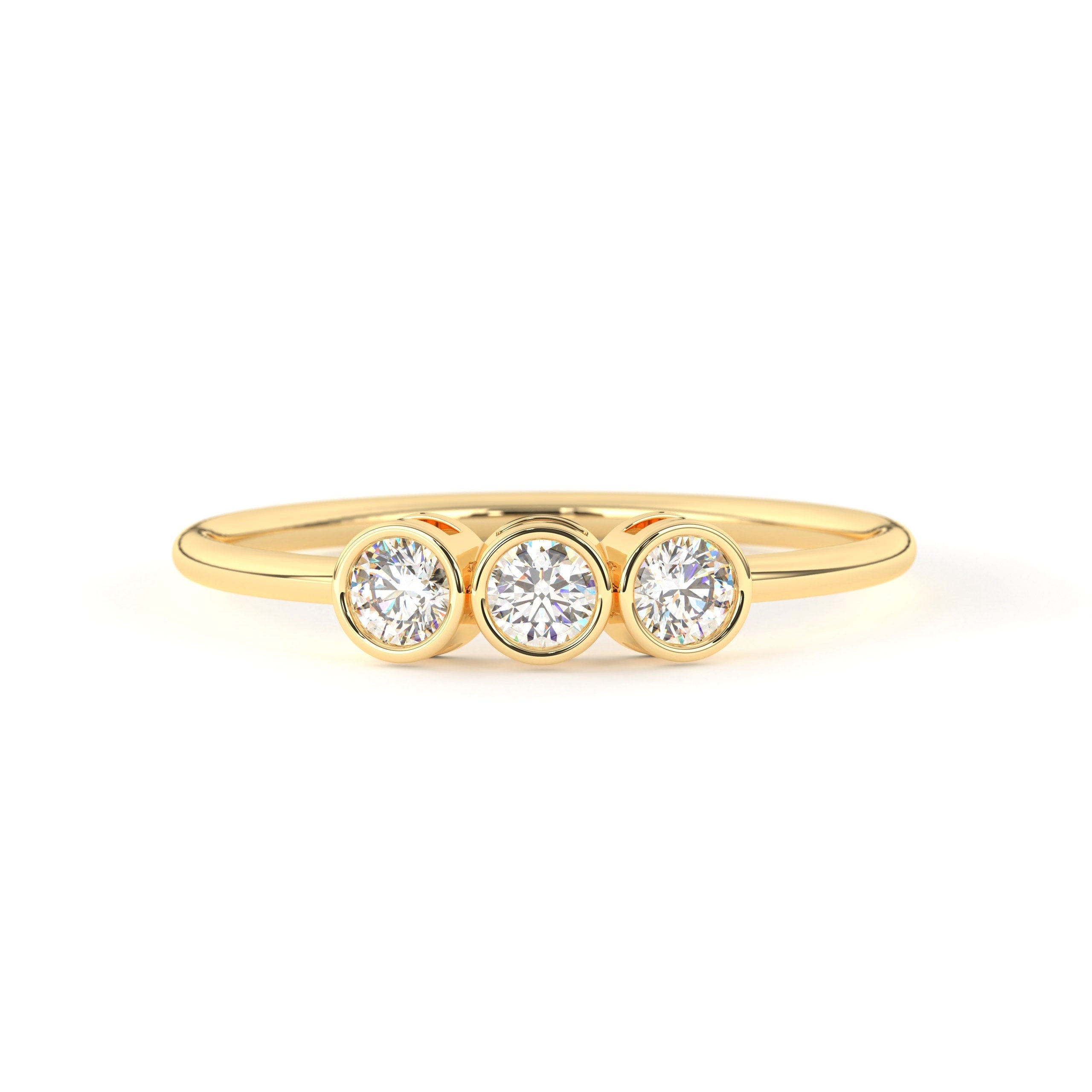Solid Gold Bezel Set Three Stone Engagement Ring