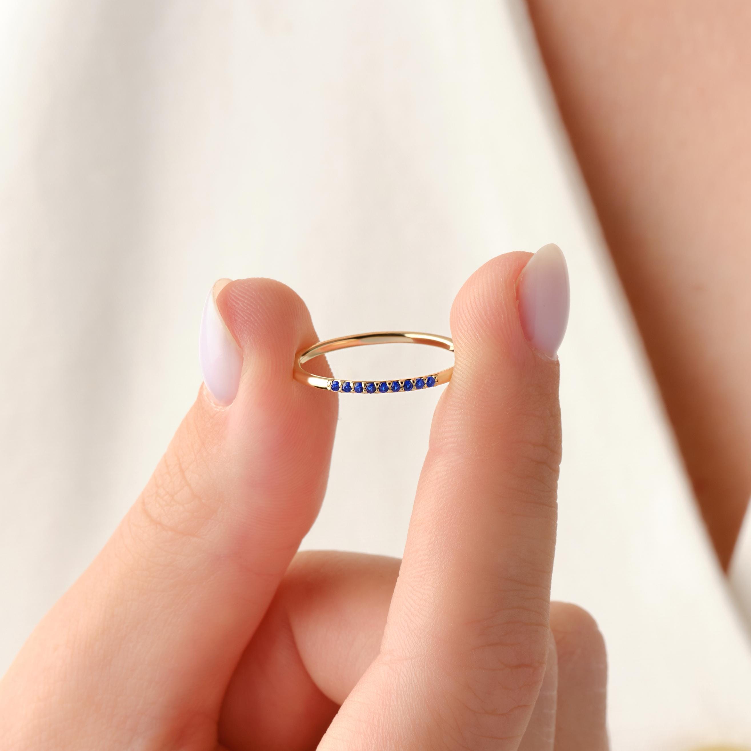 Blue Sapphire Ring Solid Gold Dainty Band