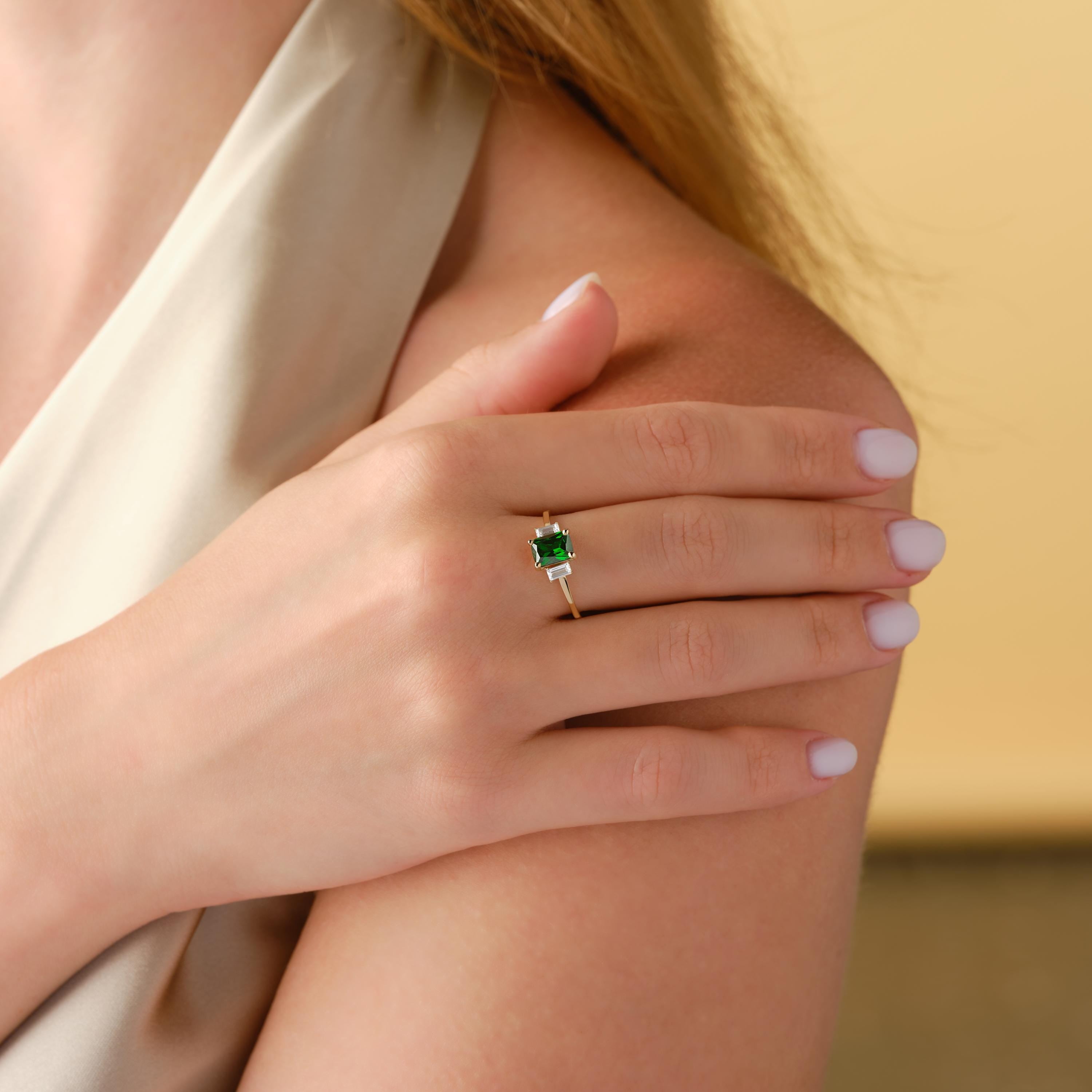 Three Stone Solid Gold Emerald Engagement Ring