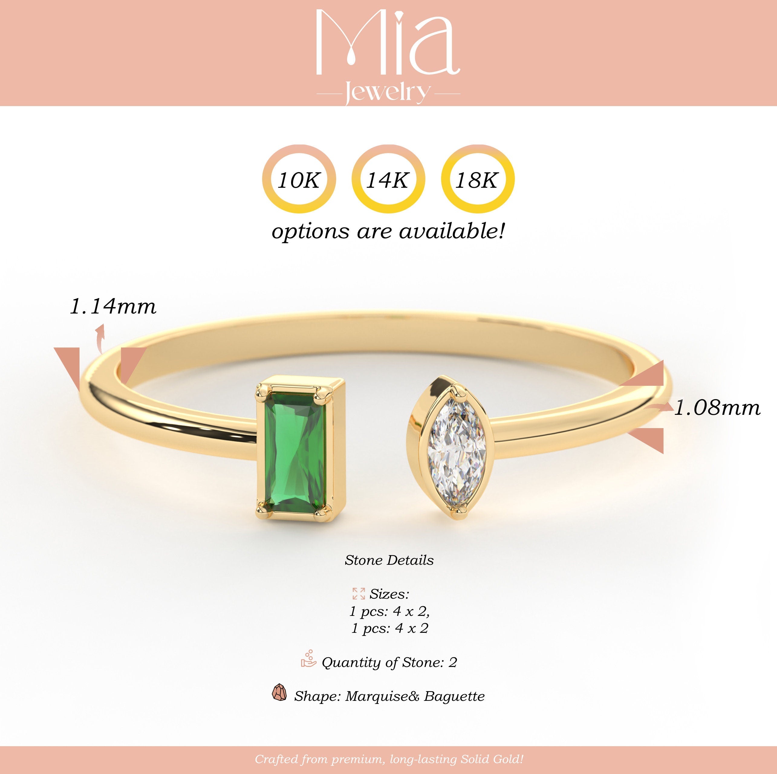 Emerald Diamond Ring Open Design Solid Gold