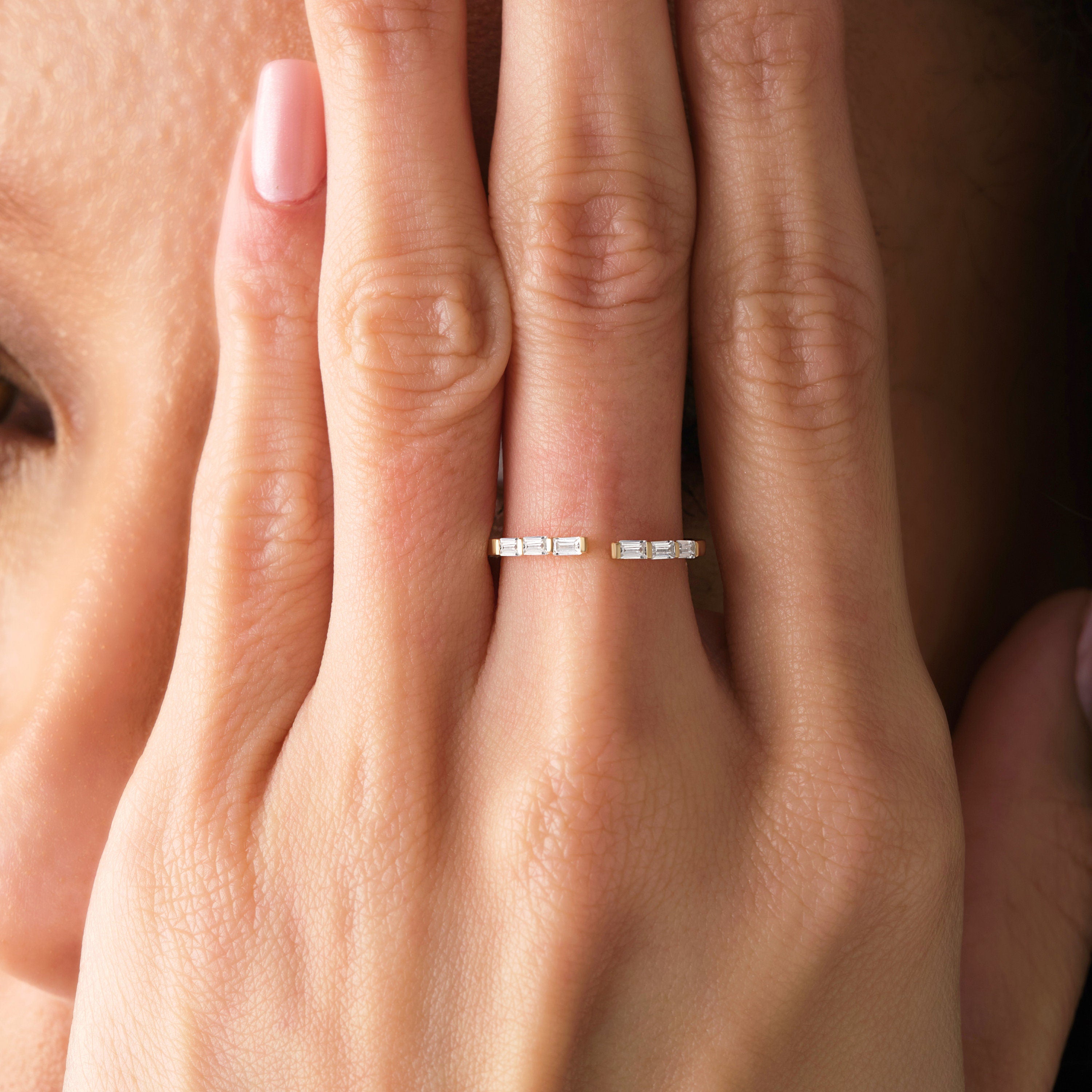 Baguette Diamond Ring Open Band Stacking Gold