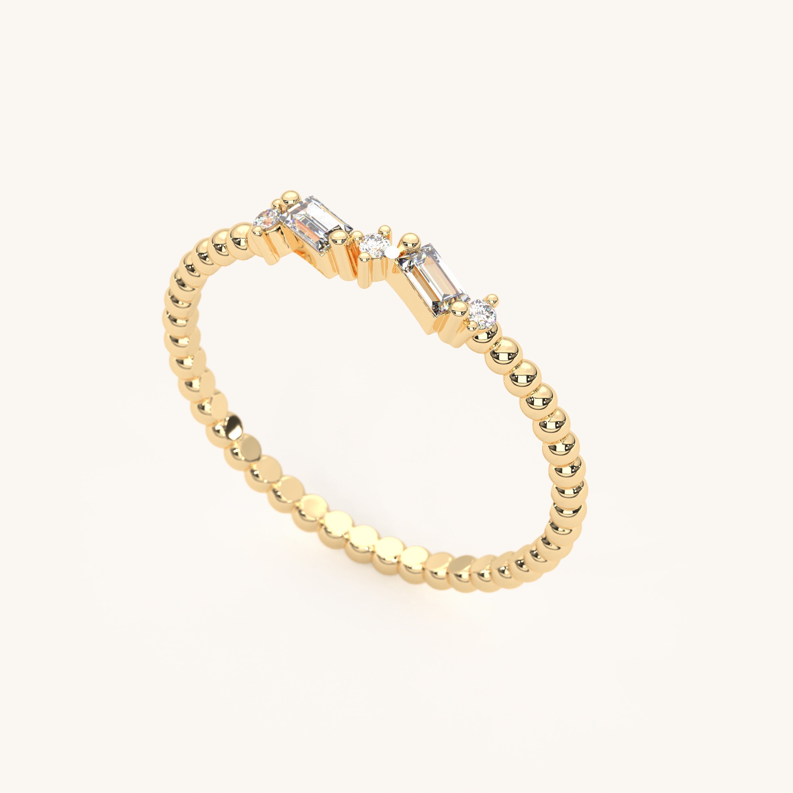 Beaded Band Diamond Cluster Gold Baguette Ring