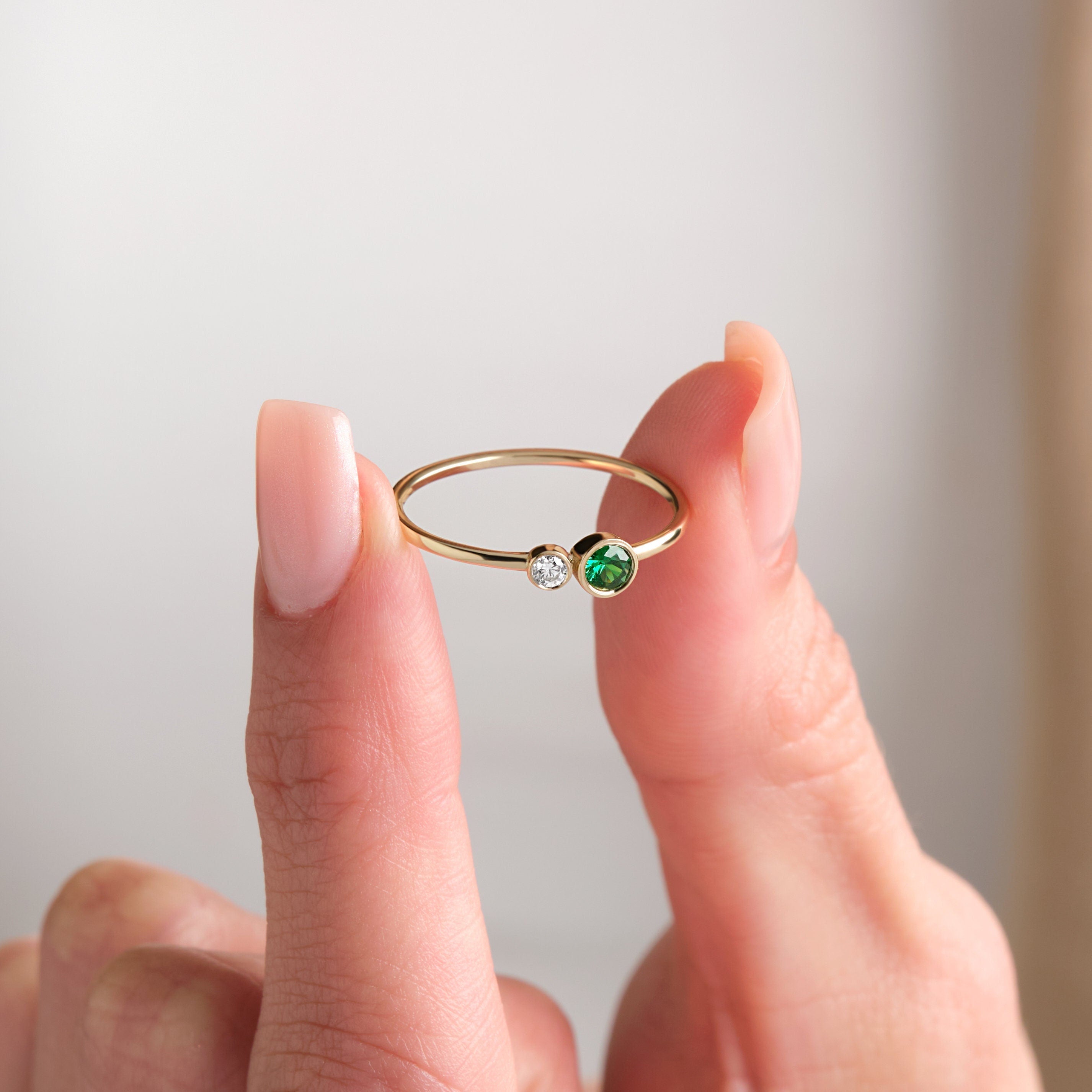 Birthstone Bezel Ring Two Stone Solid Gold
