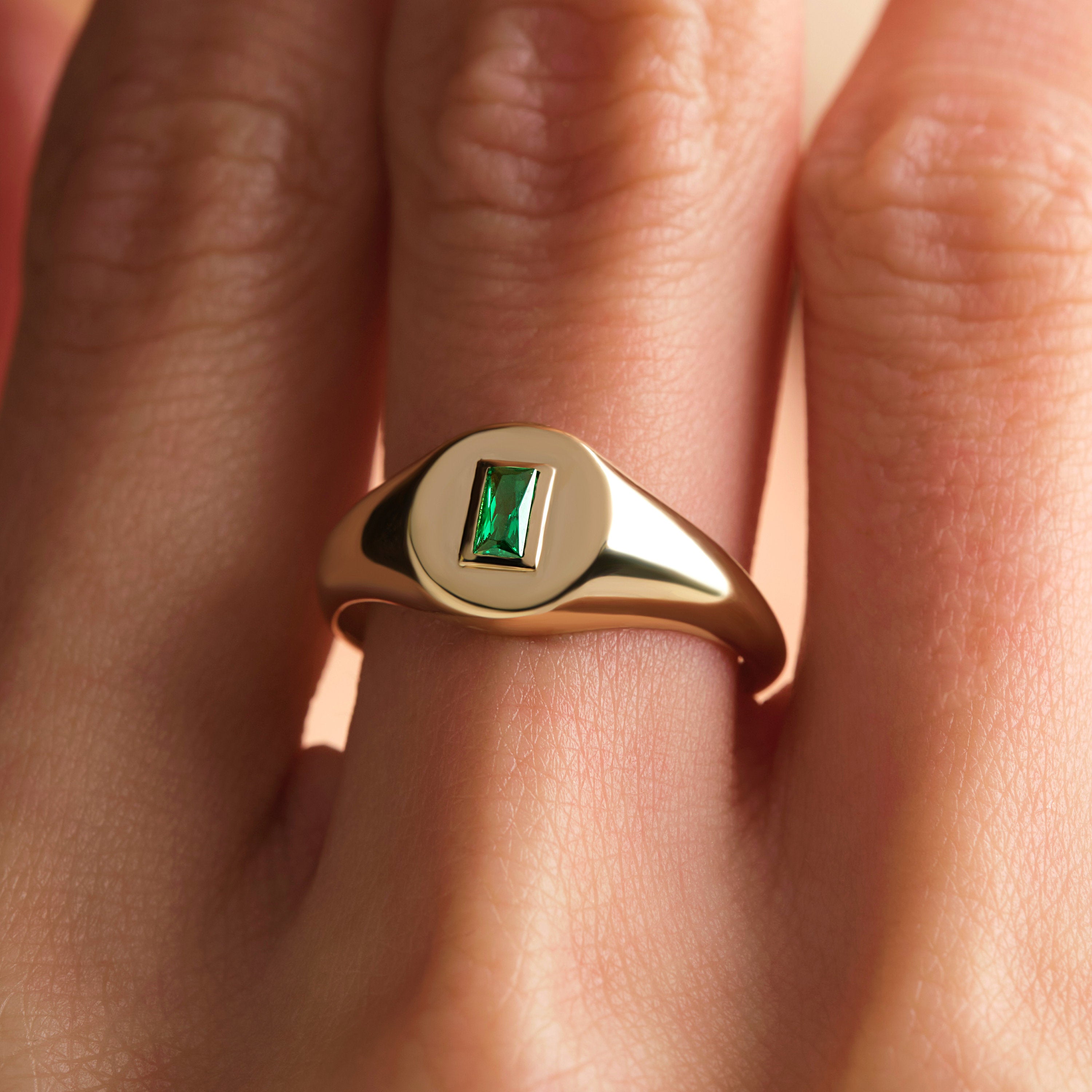 Emerald Signet Ring Solid Gold Classic Elegant