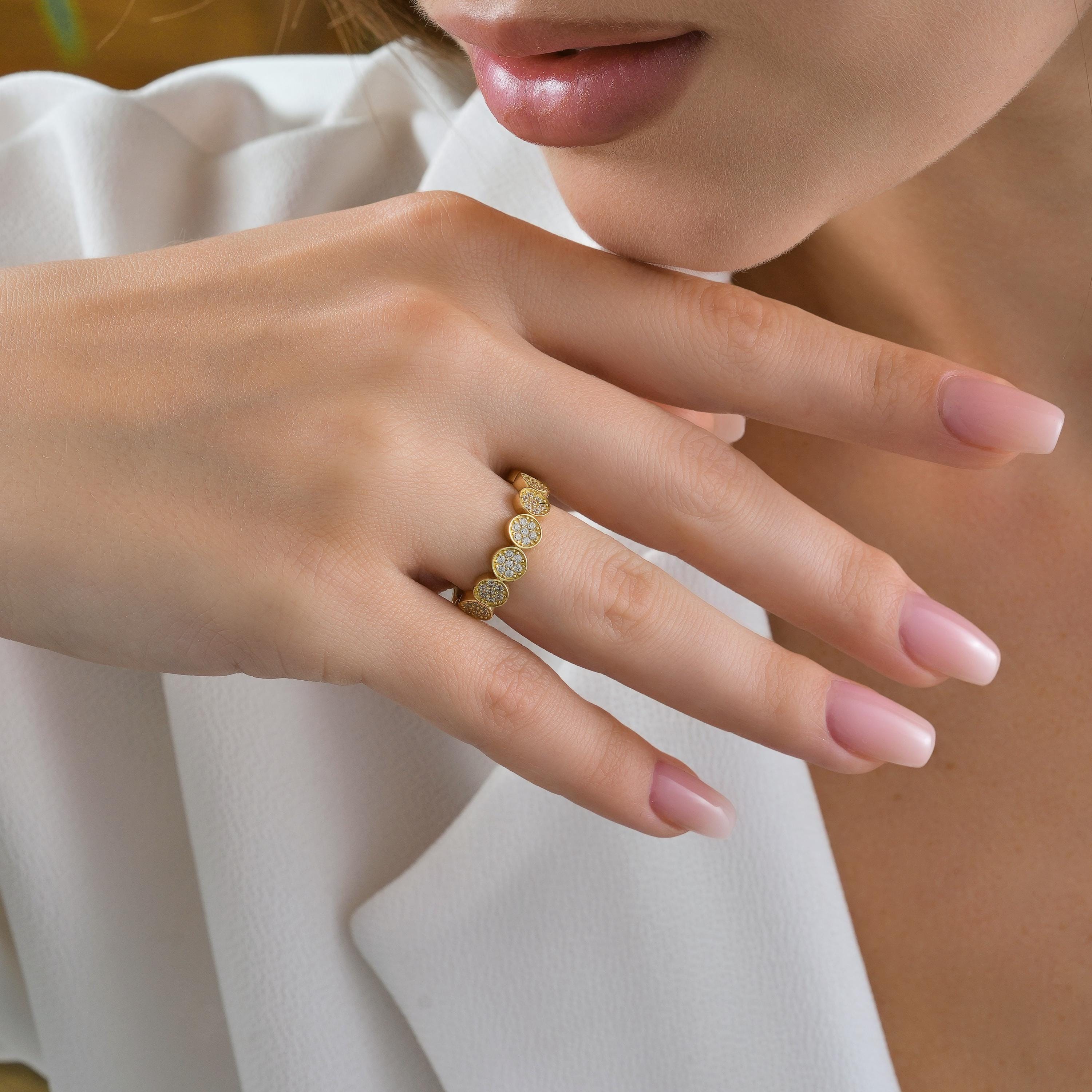 solid gold disc bezel round CZ diamond band half eternity ring worn on hand, fashion jewelry