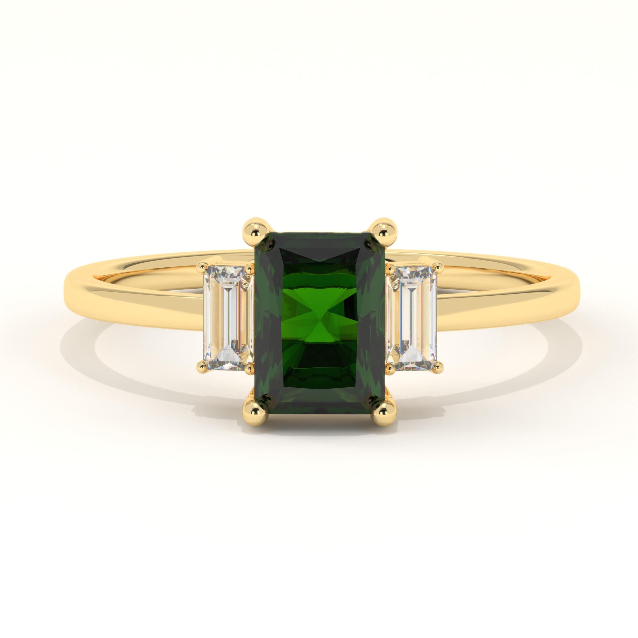 Three Stone Solid Gold Emerald Engagement Ring
