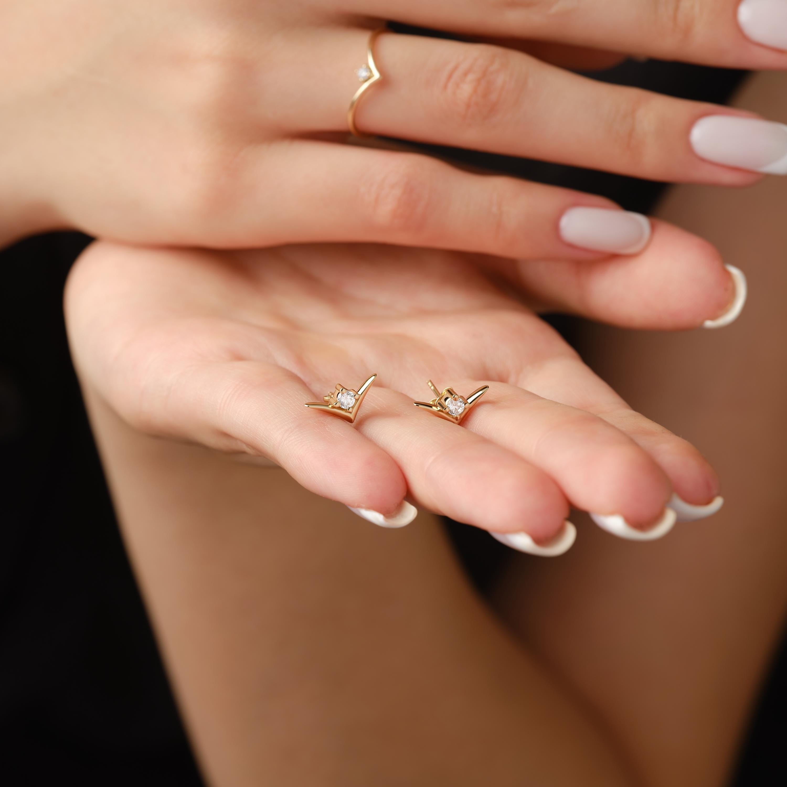 14k Gold Stud Earrings Solid Gold Chevron Design