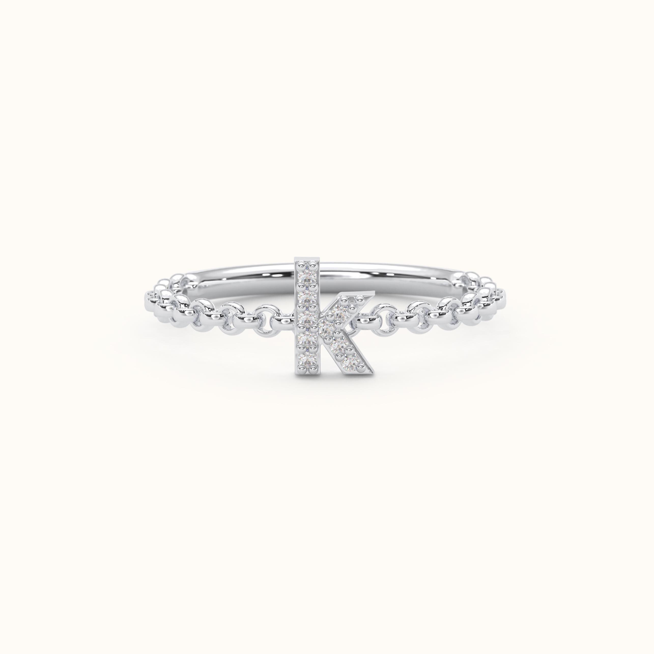 Gold Initial Ring Dainty Diamond Chain Band