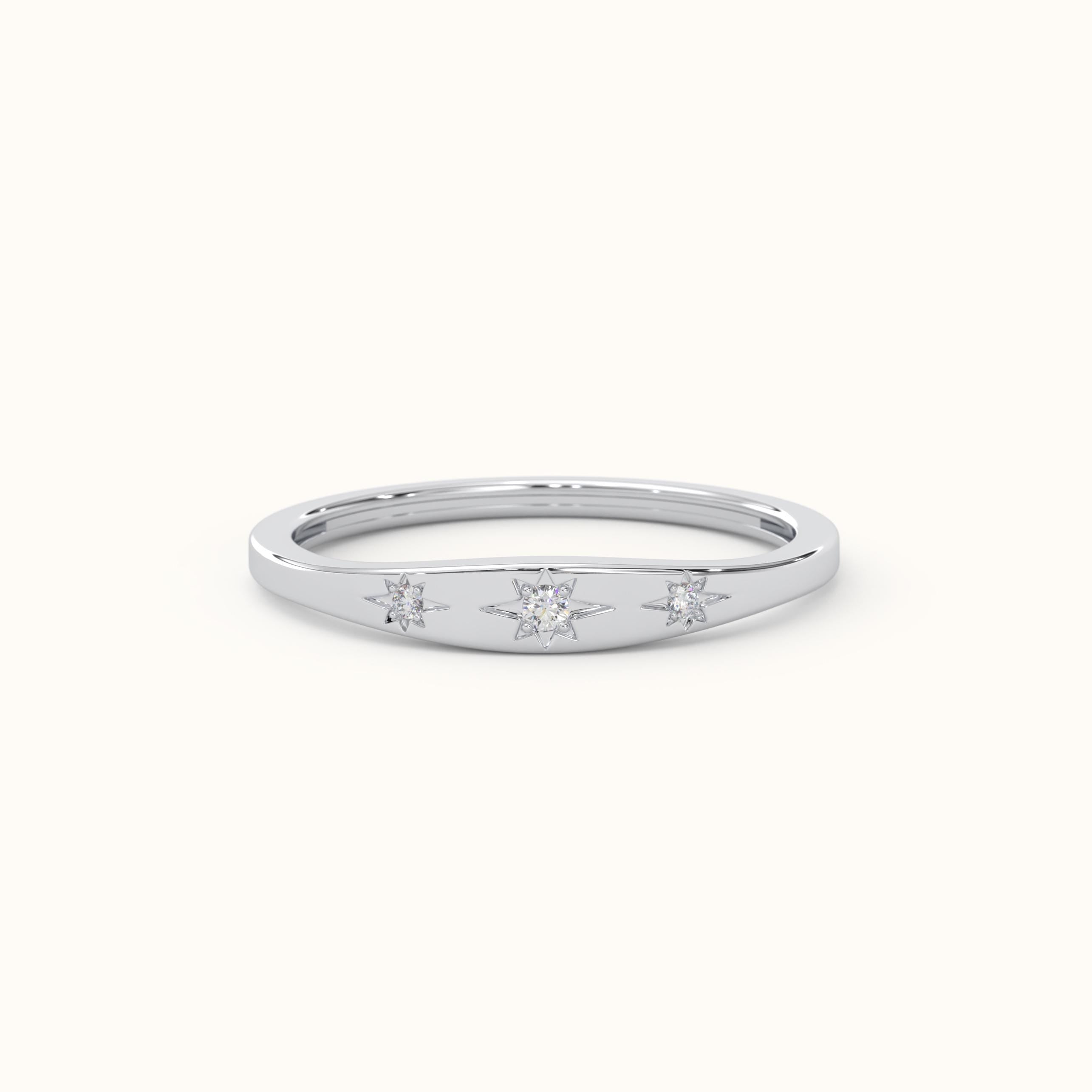 Three Stone Diamond Ring Solid Gold Starburst Band