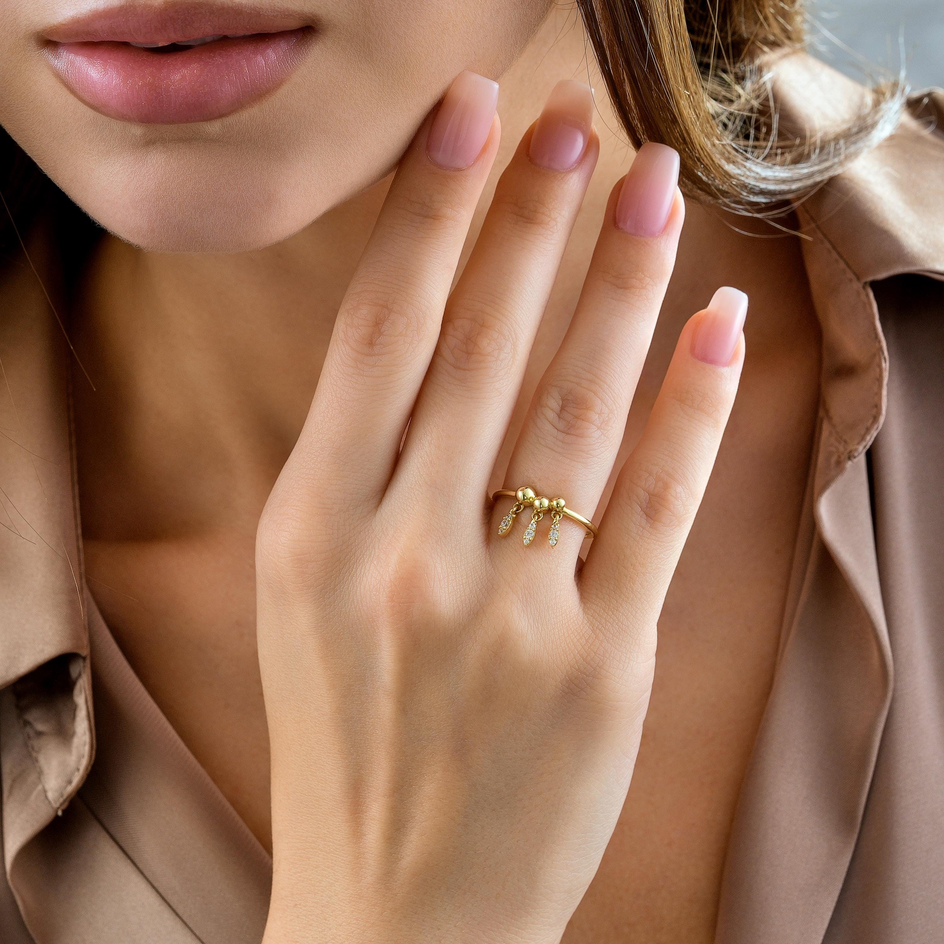 minimalist gold charm drop ring micro pave CZ diamonds on teardrop shaped charms