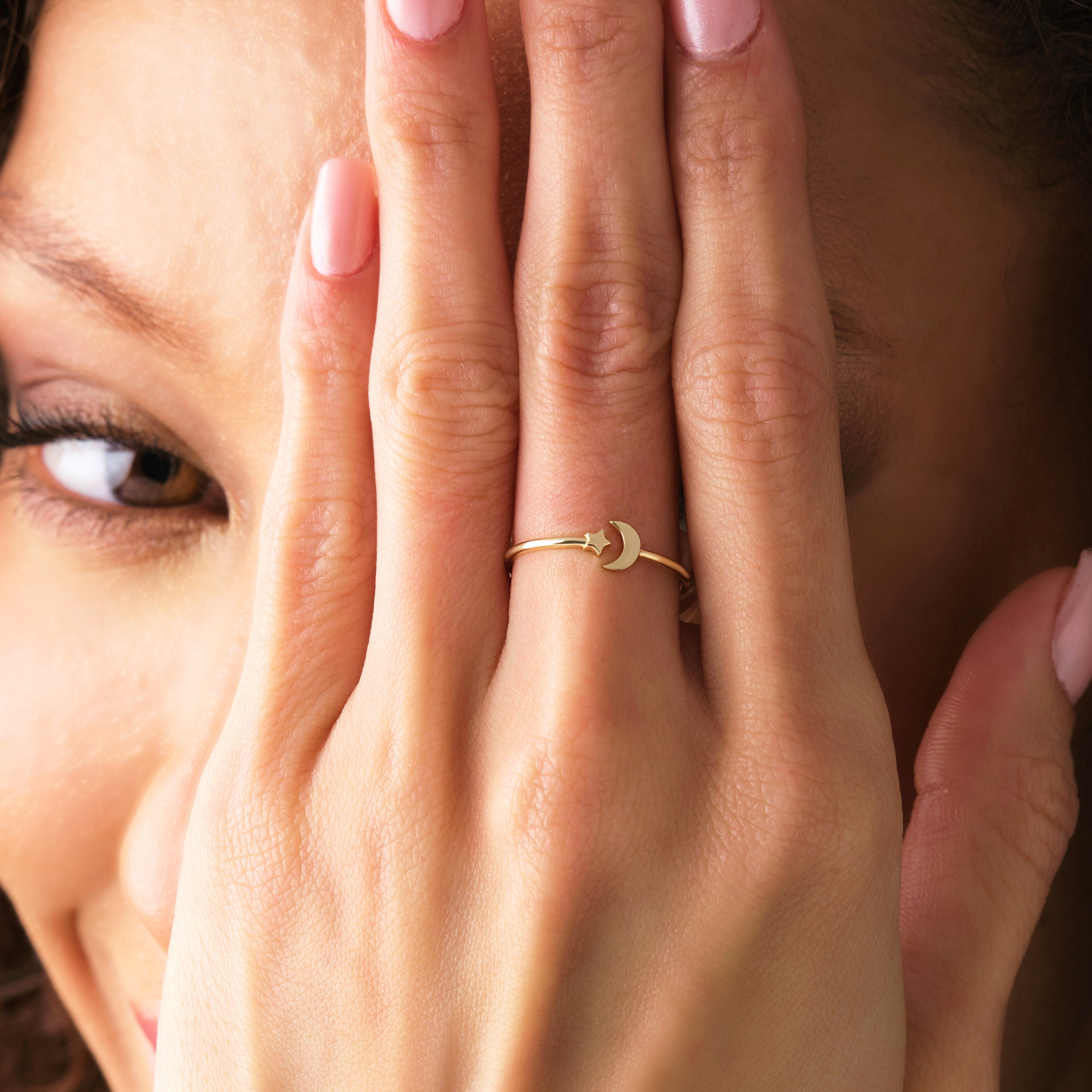 Solid Gold Moon Ring Celestial Petite