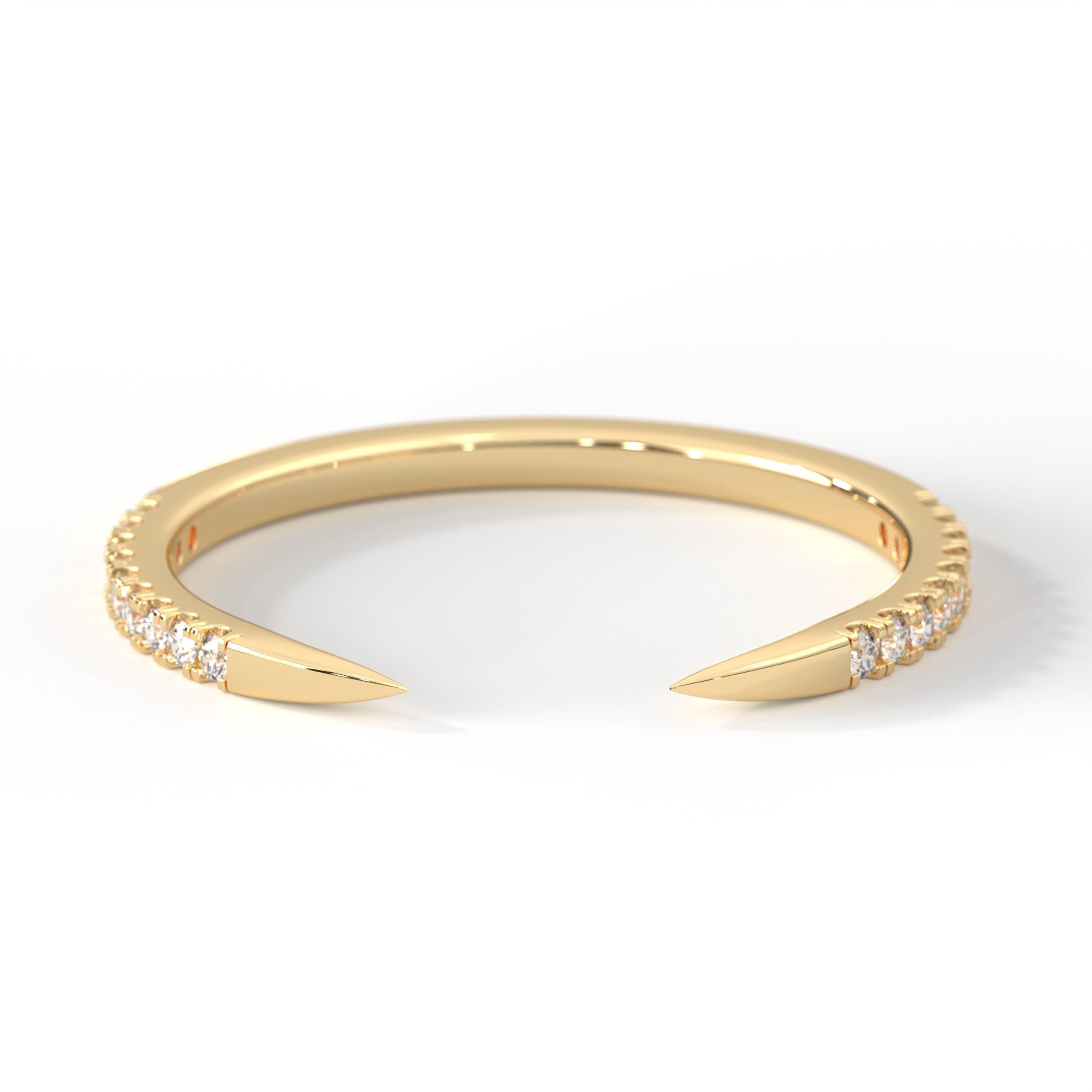 14k Gold Diamond Claw Ring, Pave Minimalist Spike Open Ring