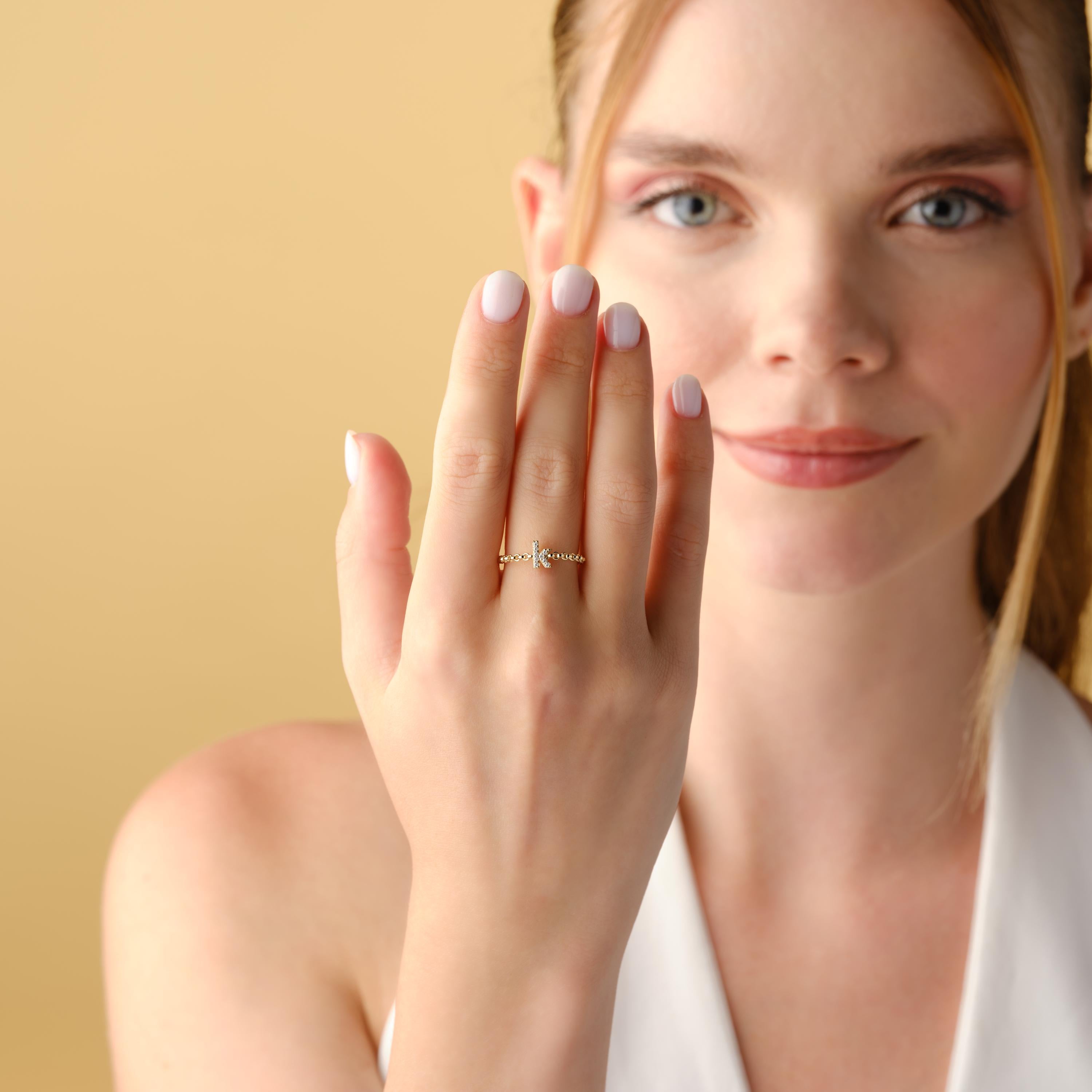 Gold Initial Ring Dainty Diamond Chain Band
