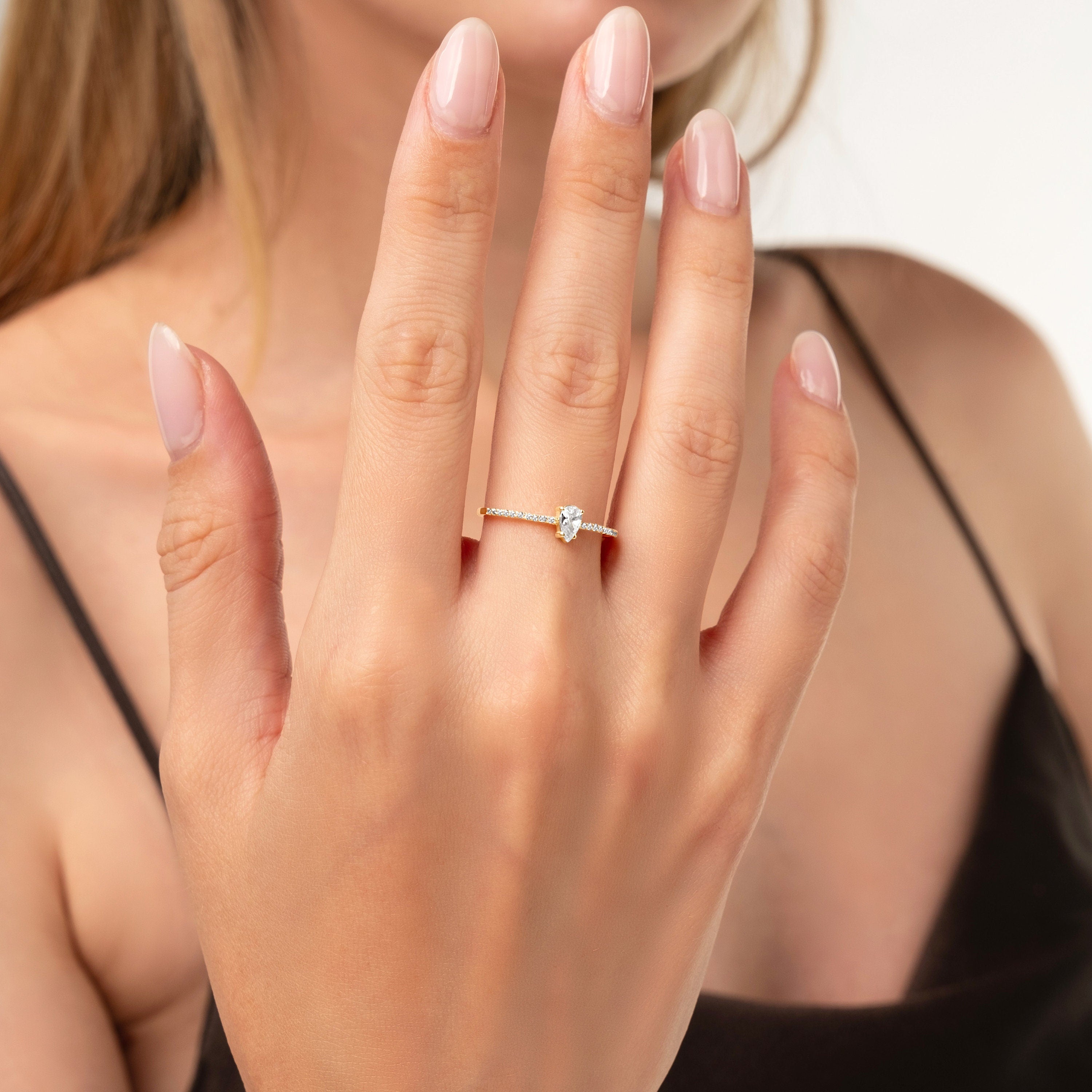 Pear Cut Diamond Ring Solid Gold Band