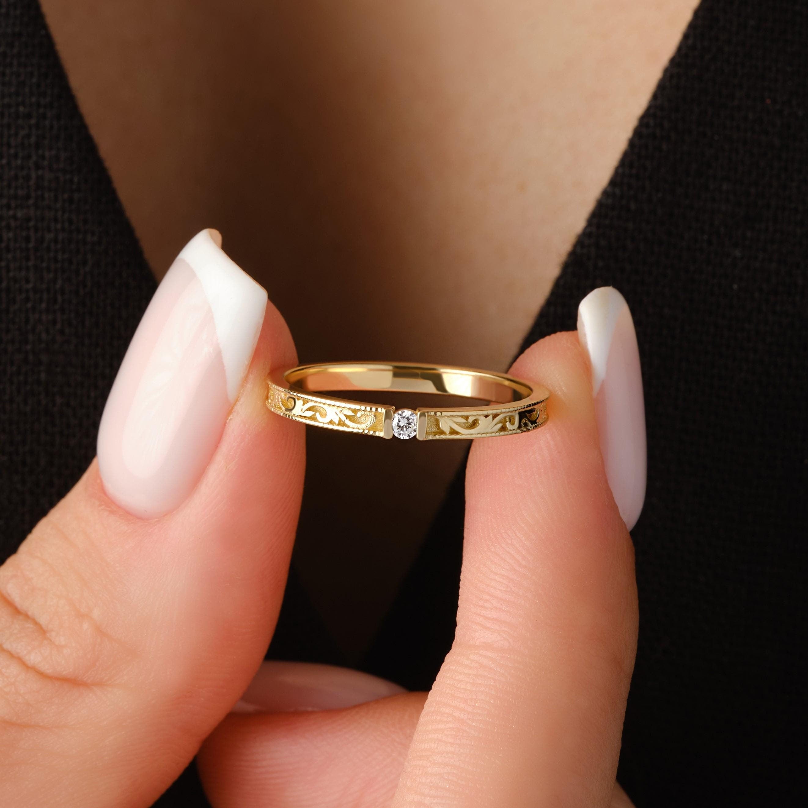 Solid Gold Victorian Floral Band Wedding Ring