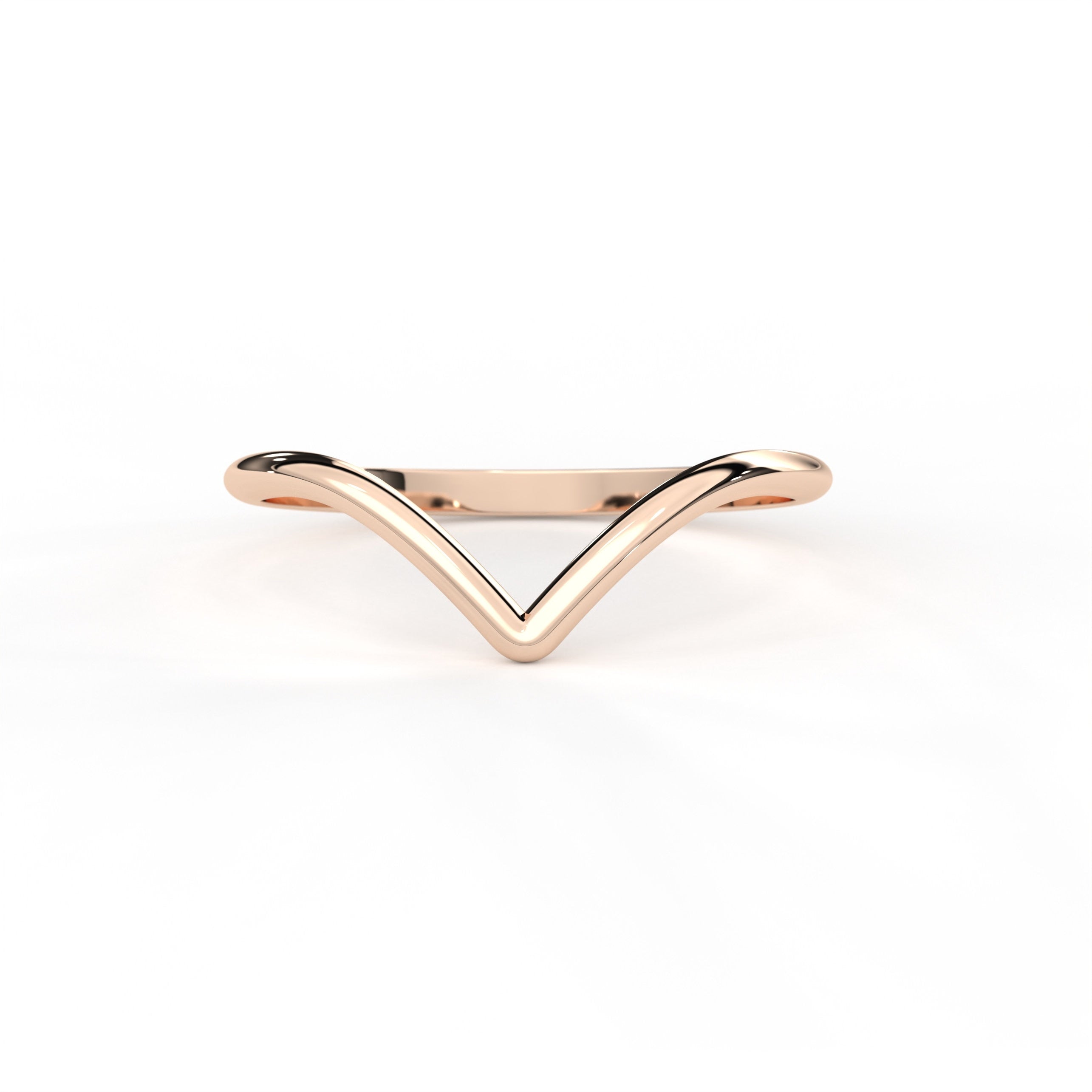 Embrace a modern and stylish look with our solid rose Gold V-Shaped Stacking Ring. Its shiny gold material and clean V shape give it a cool and straightforward style that effortlessly complements any outfit.
