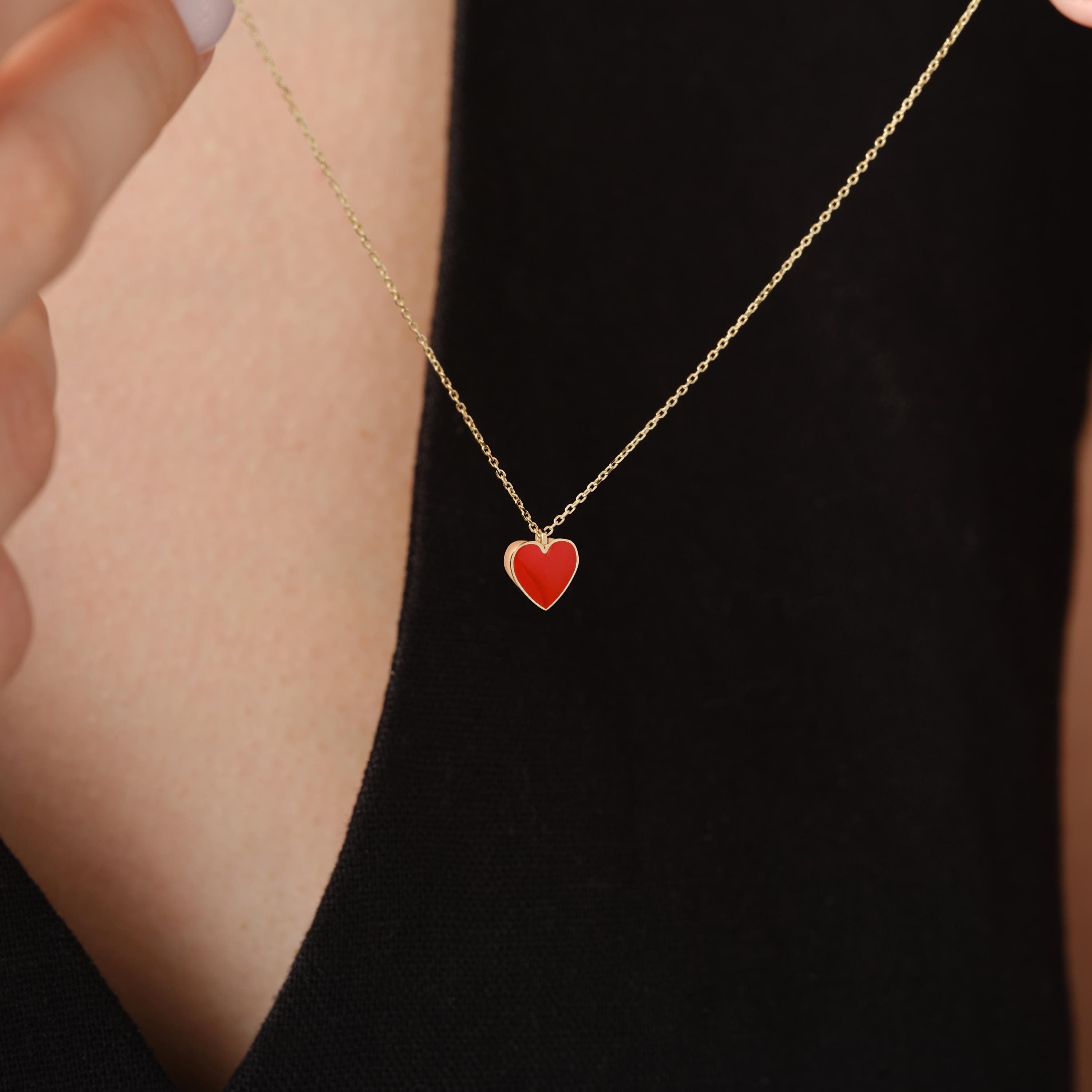 Gold Heart Pendant Red Enamel Necklace Valentines Gift