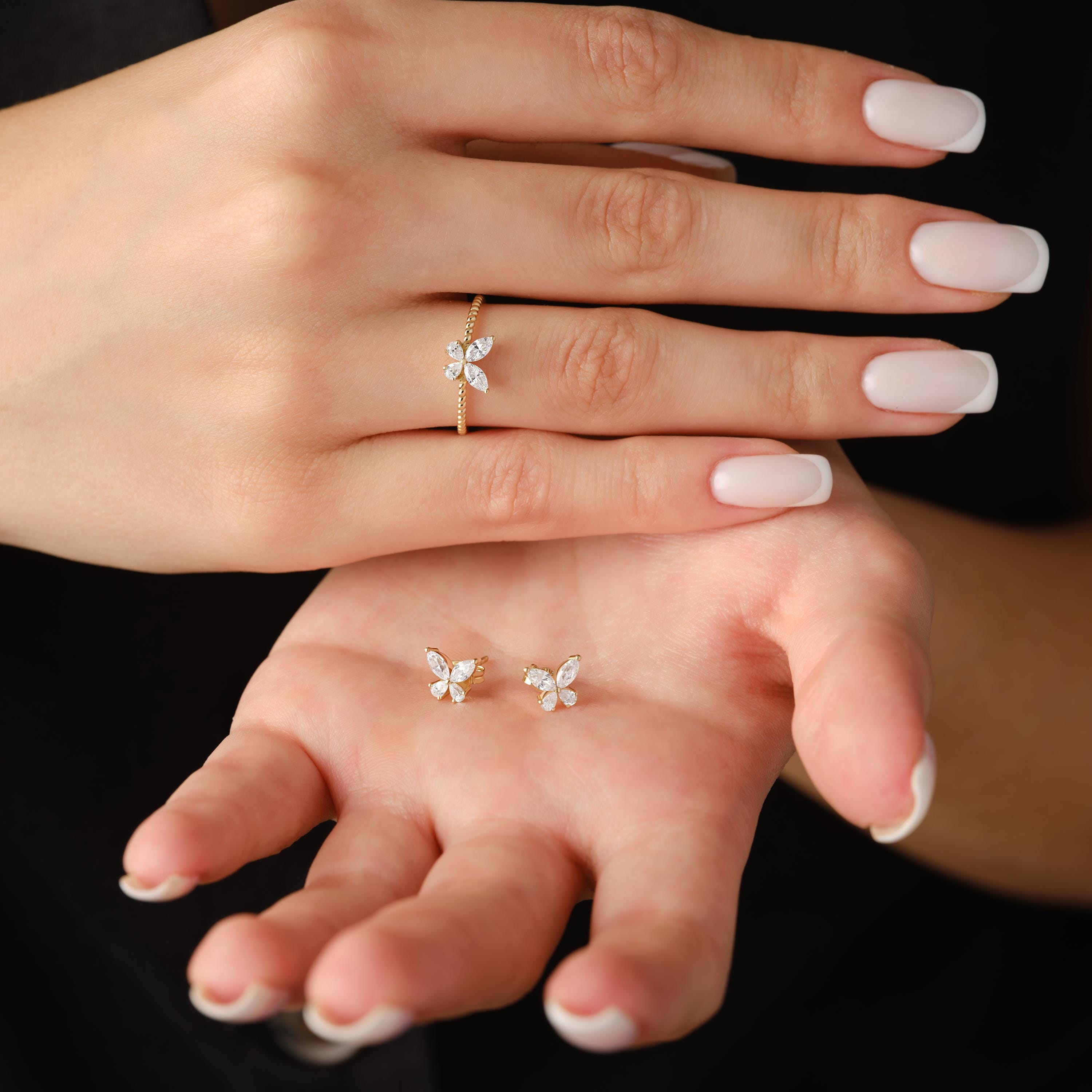 Butterfly CZ Earrings Solid Gold Studs