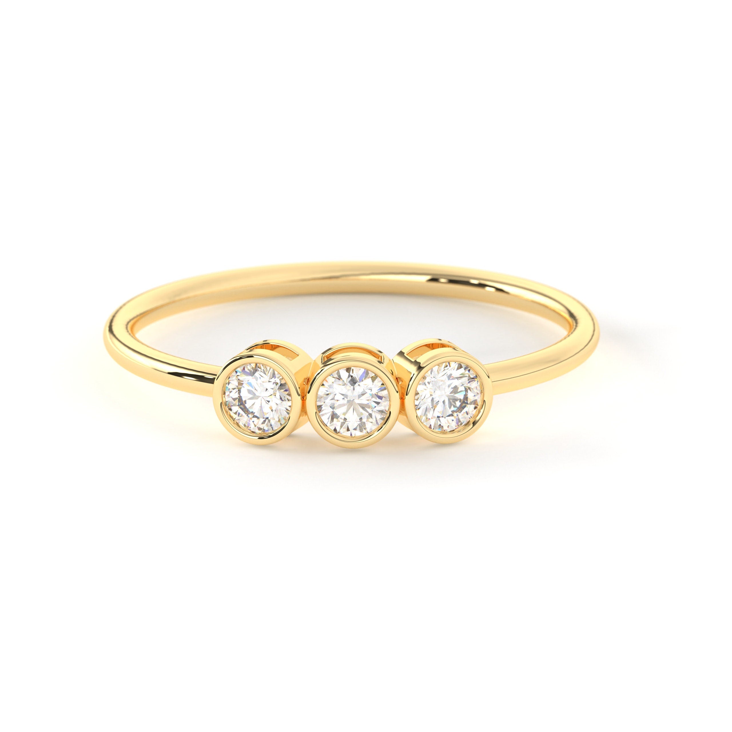 Solid Gold Bezel Set Three Stone Engagement Ring