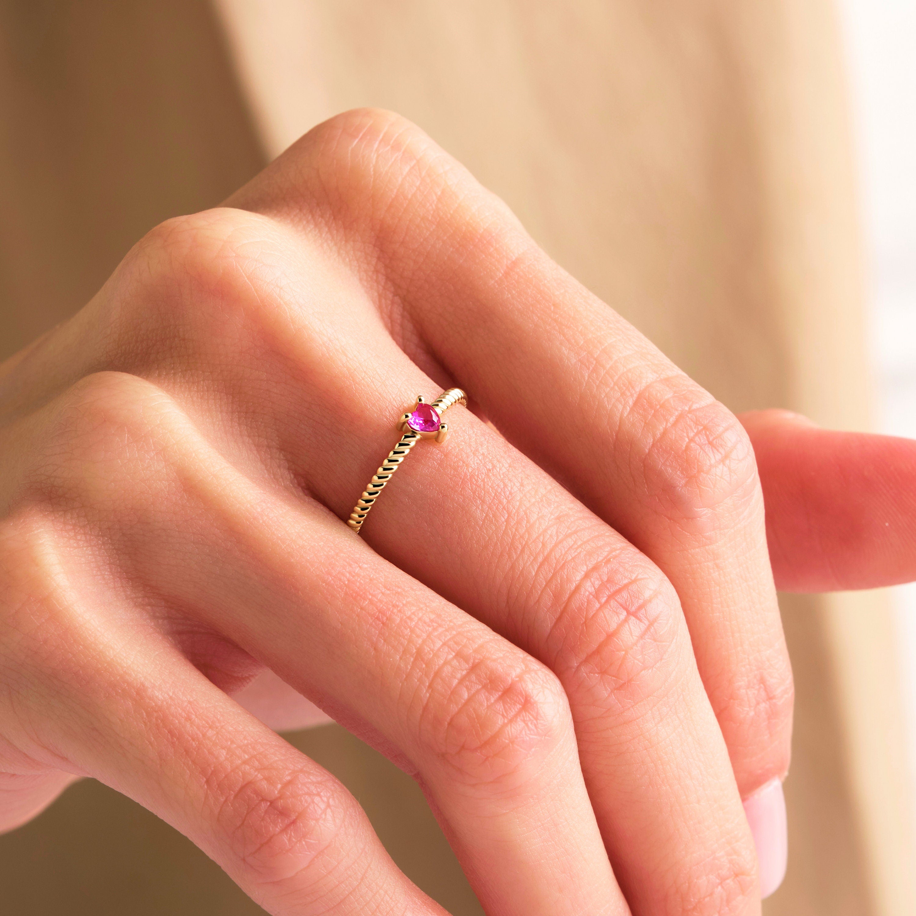 Solid Gold Heart Ring Twisted Ruby Birthstone