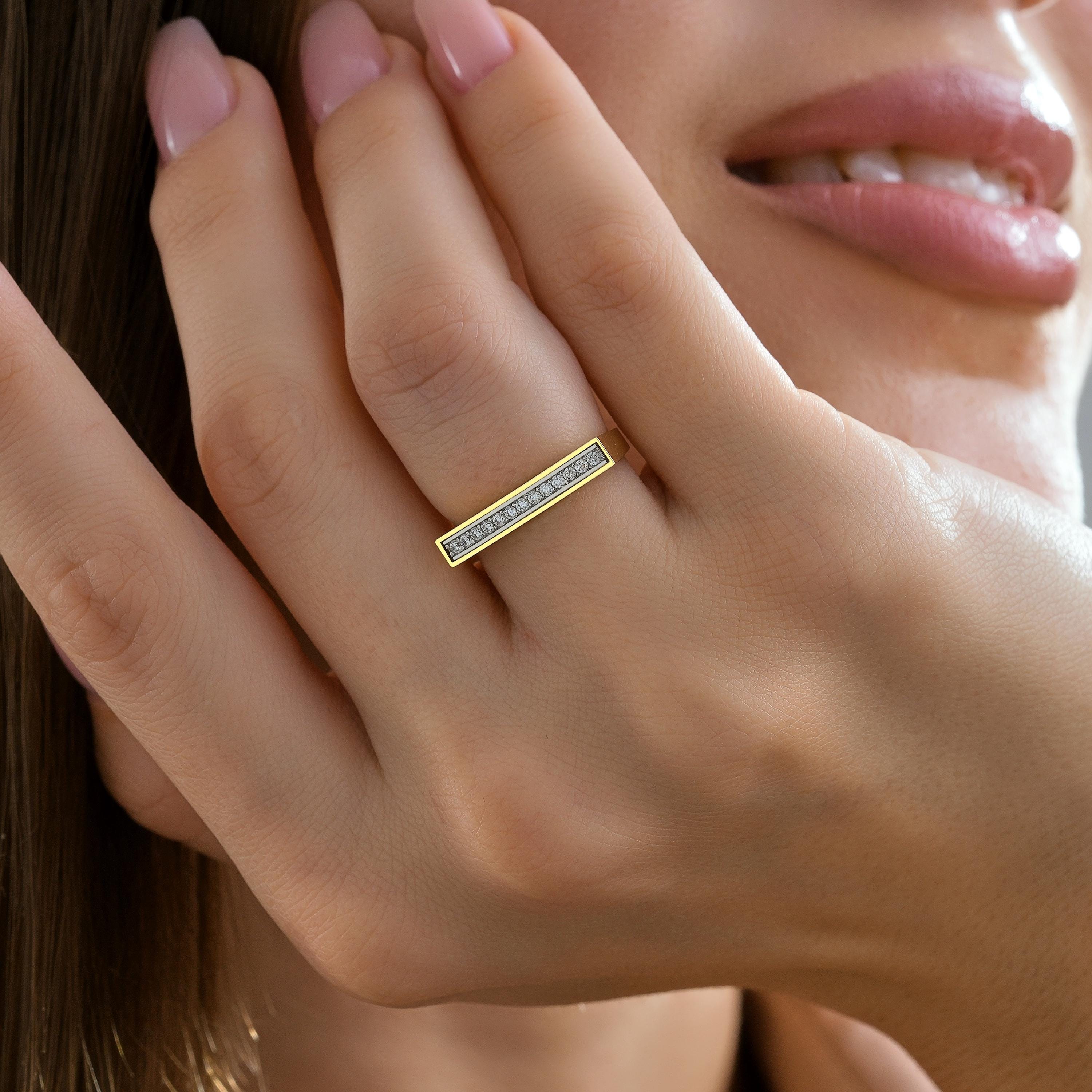 solid gold bar channel set CZ diamonds ring