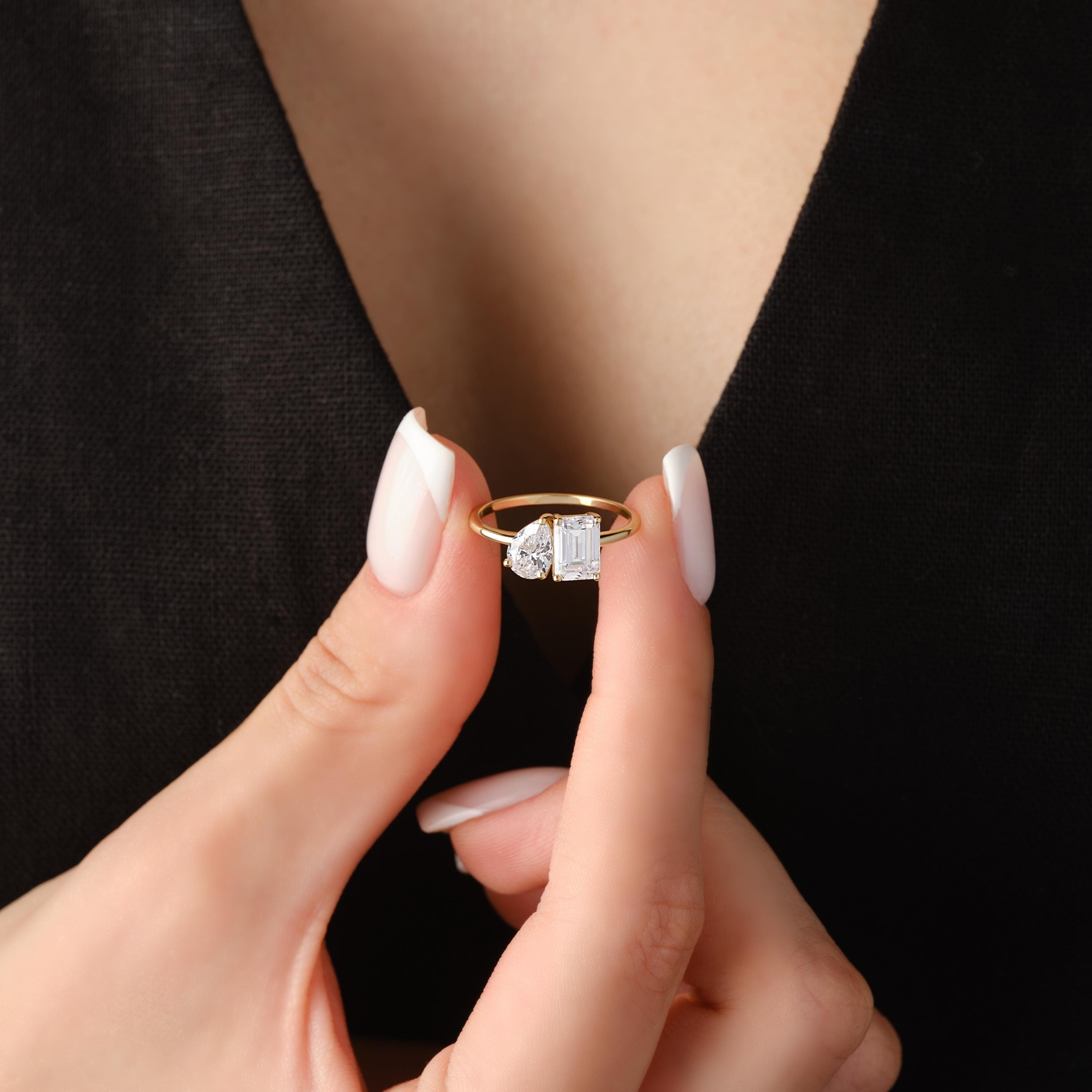 Toi Et Moi Ring Two Stone Solid Gold Pear Cut Diamond