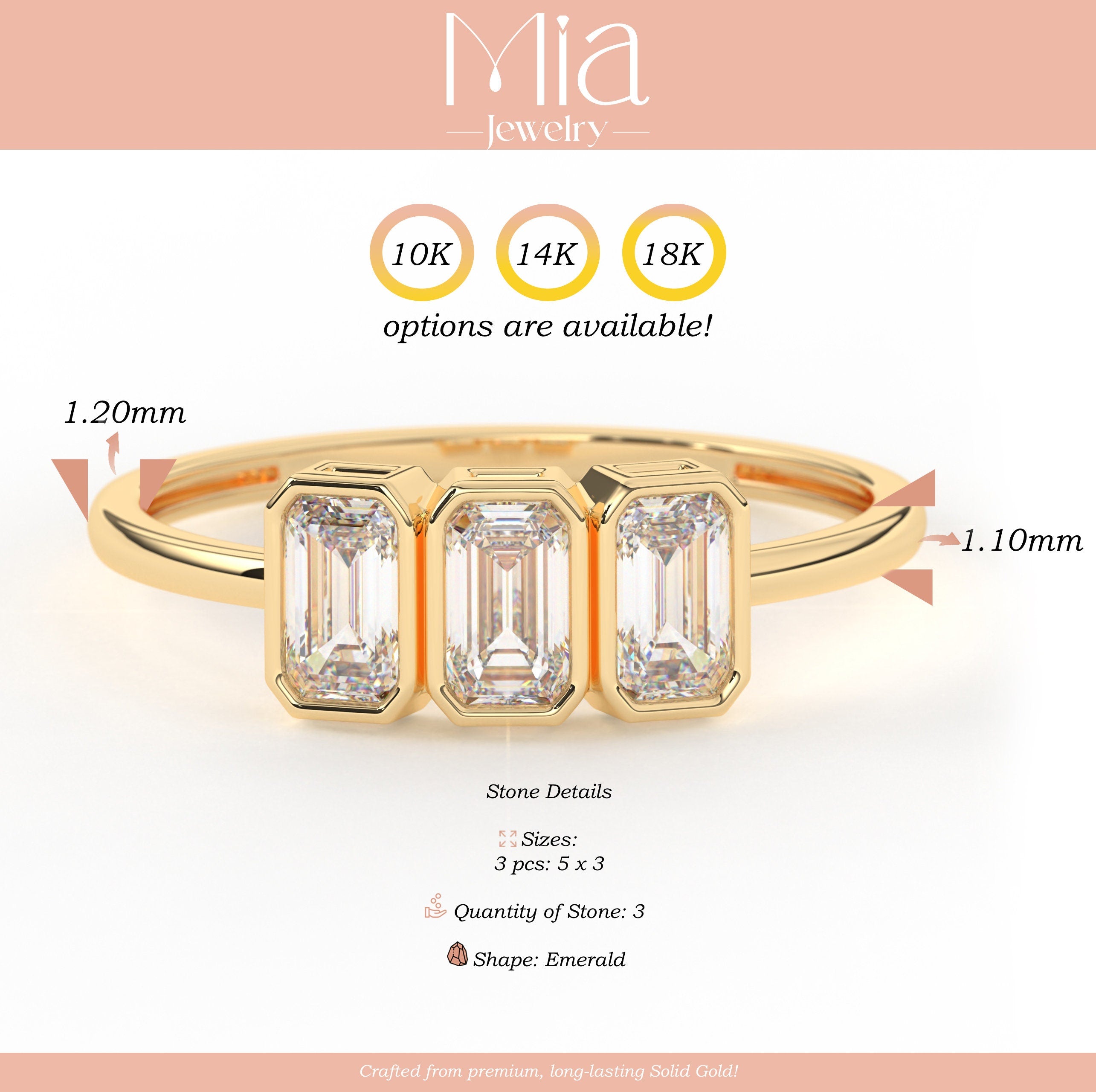 Emerald Engagement Ring Solid Gold Three Stone