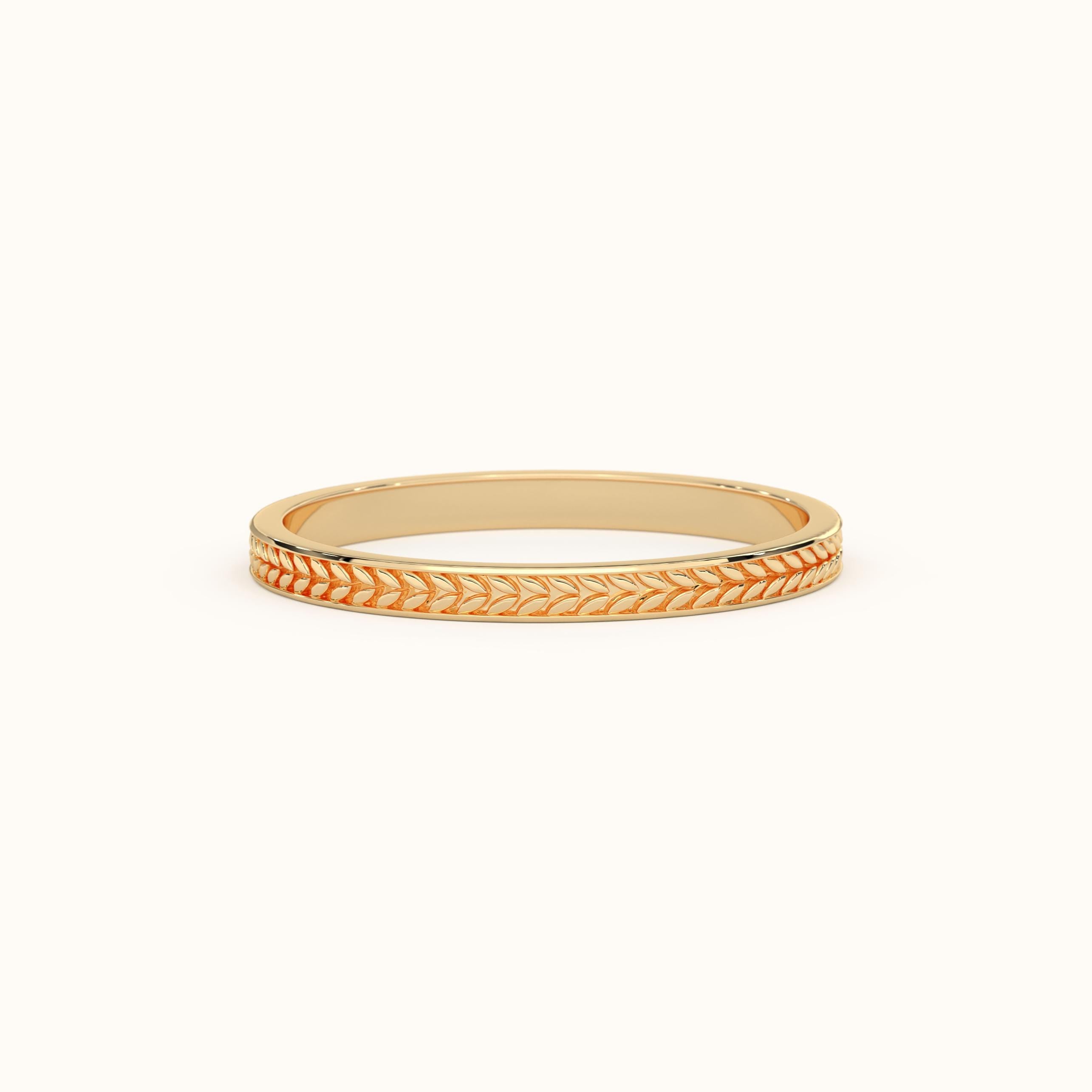 Solid Gold Floral Wedding Band Wheat Pattern Ring