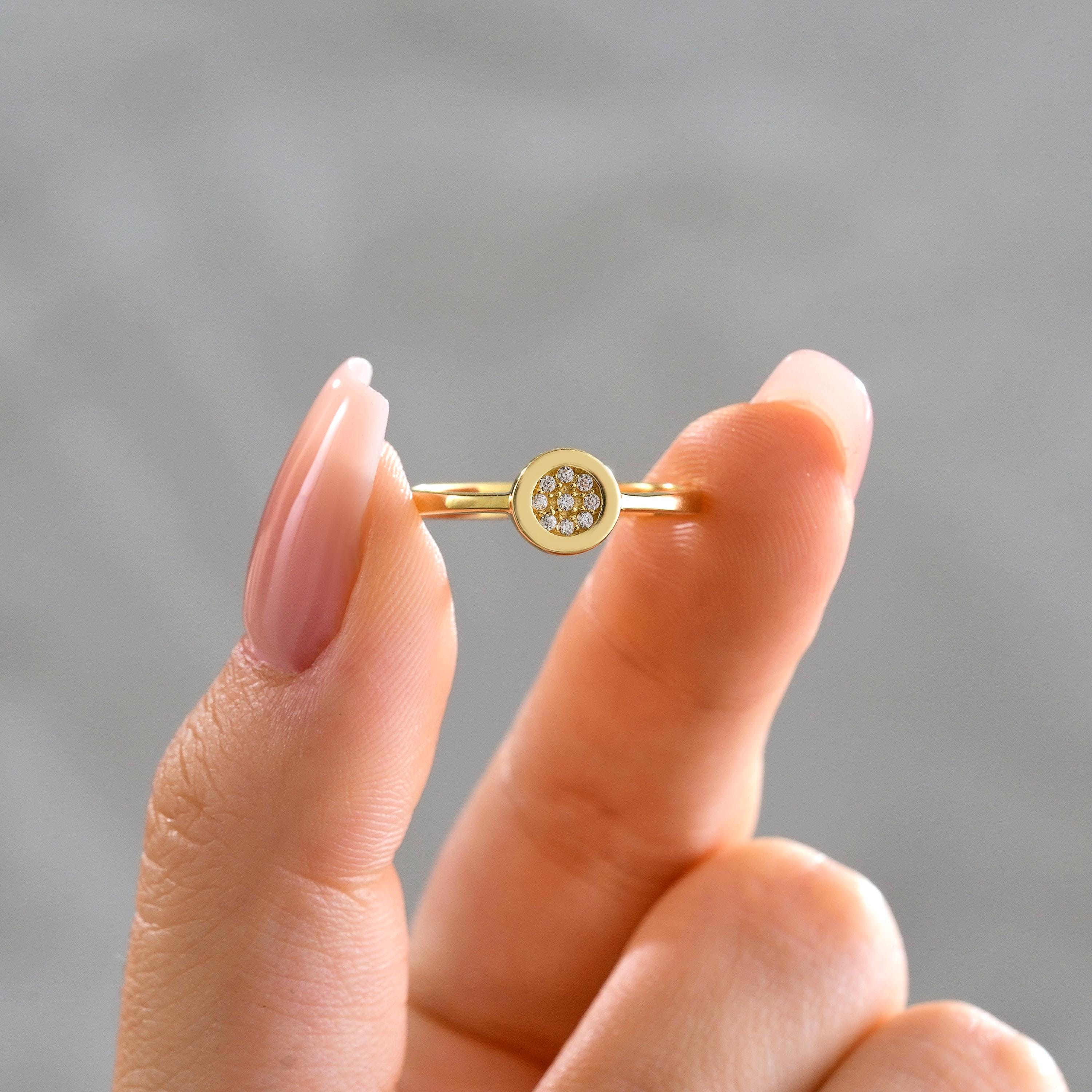 bezel gold CZ diamond cluster ring round disc design women jewelry