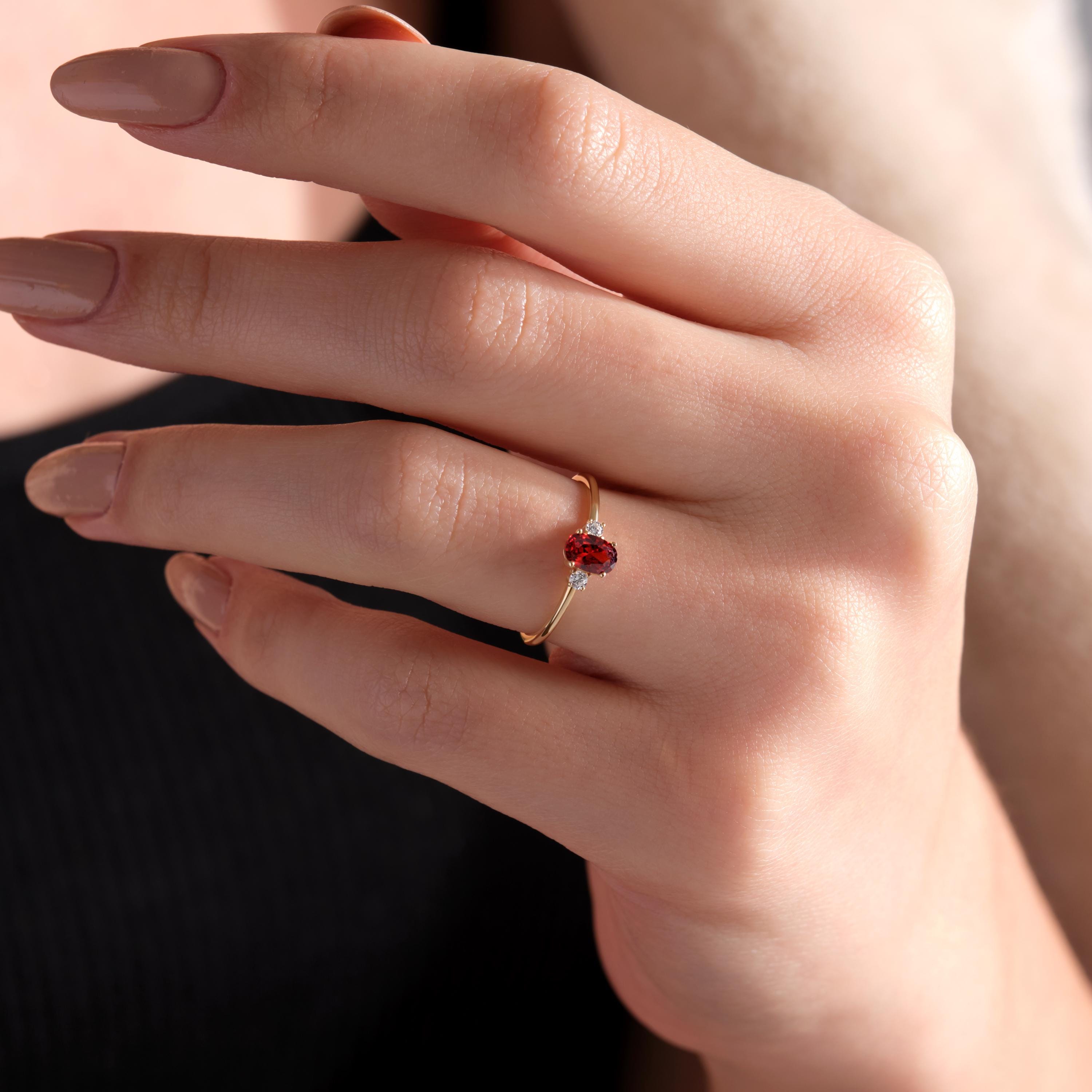 14k Gold Birthstone Ring Custom Bridal With Garnet Oval Cut