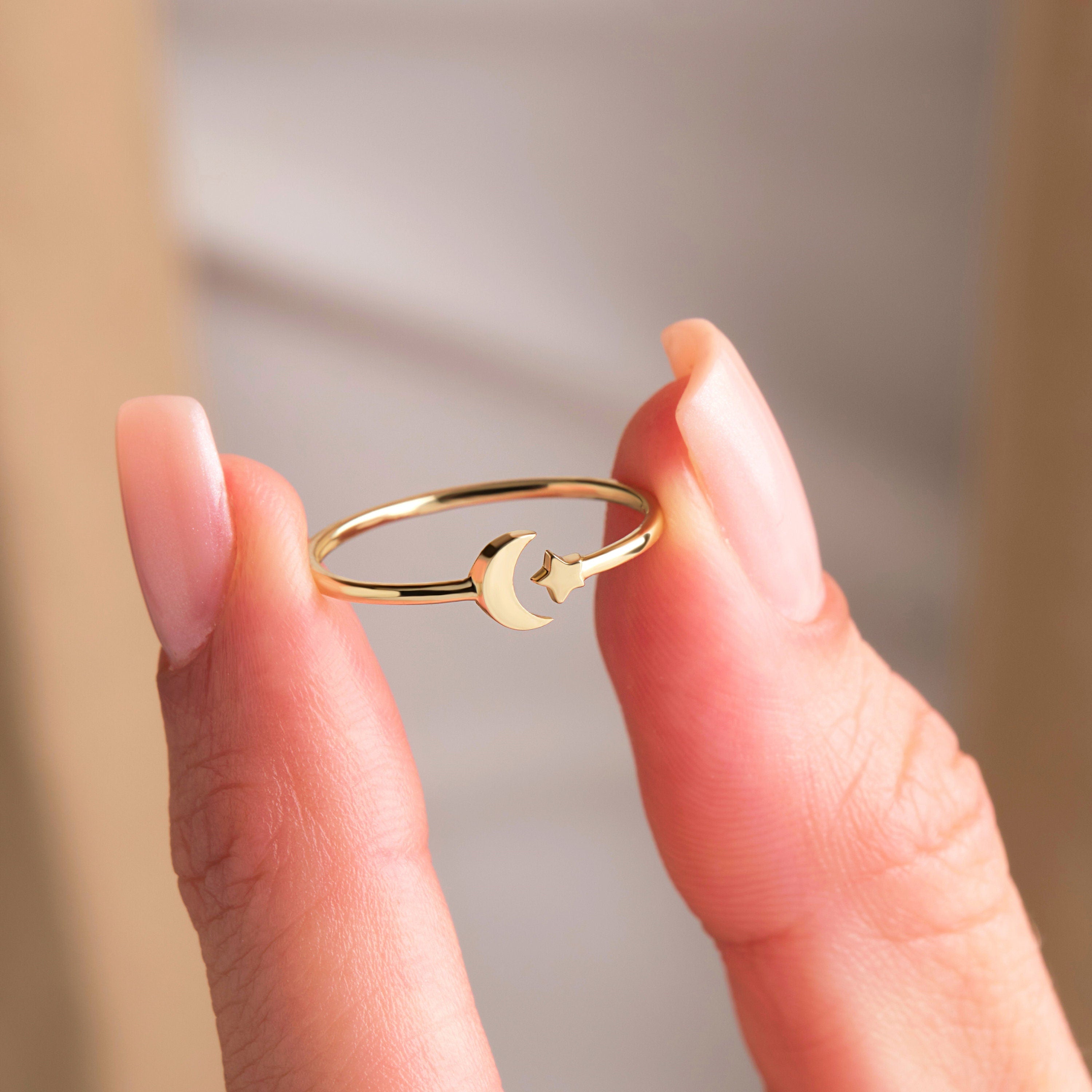 Solid Gold Moon Ring Celestial Petite