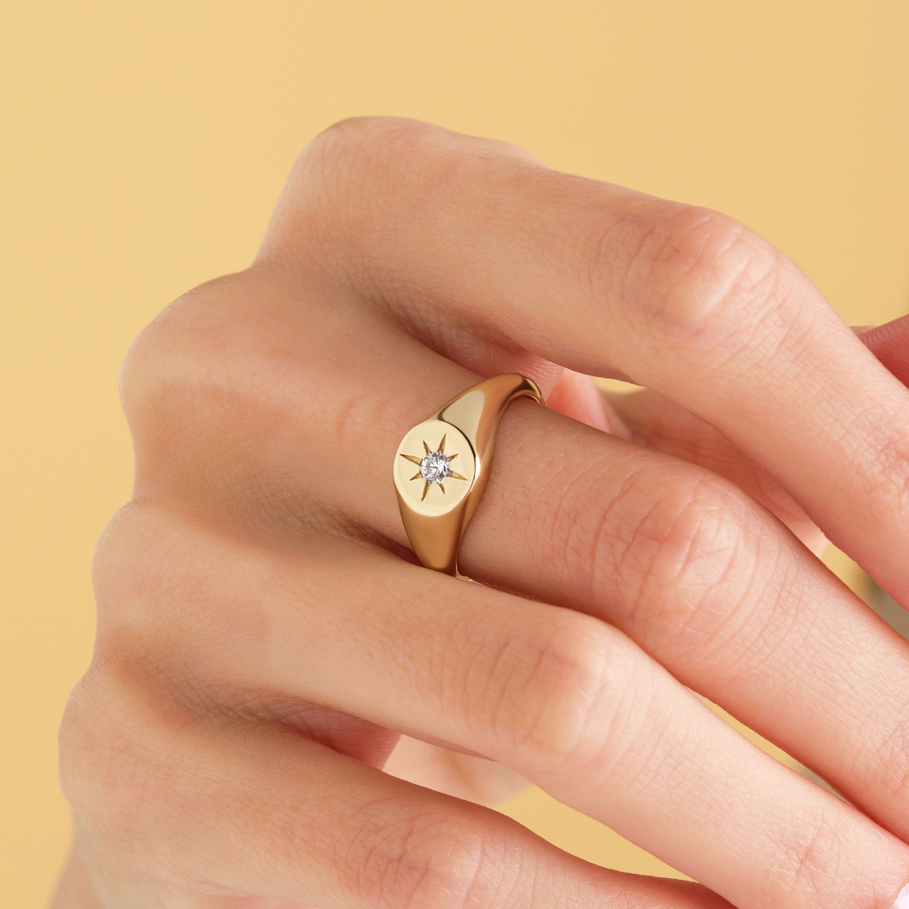 14K Gold Signet Ring Dainty Starburst Pinky