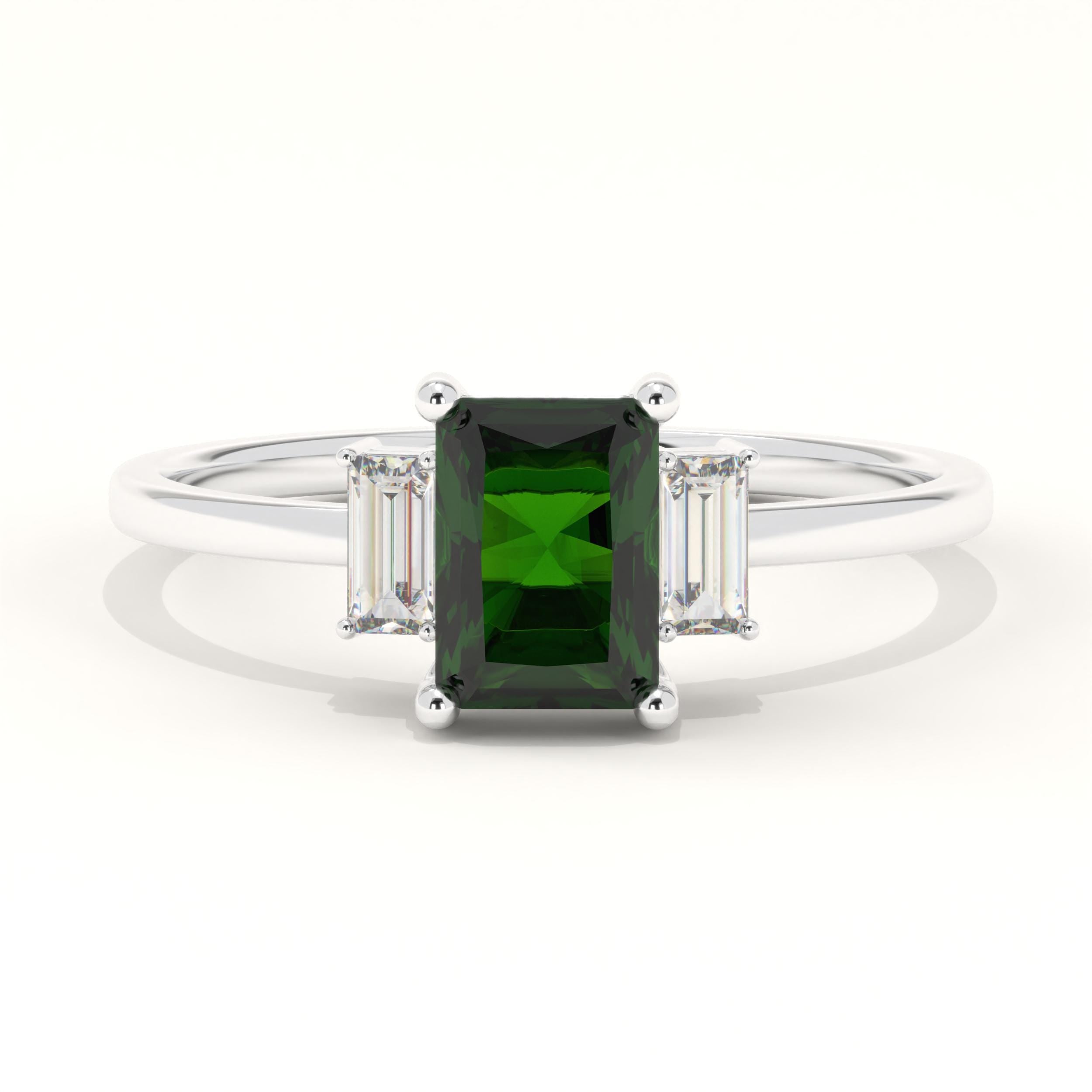 Three Stone Solid Gold Emerald Engagement Ring