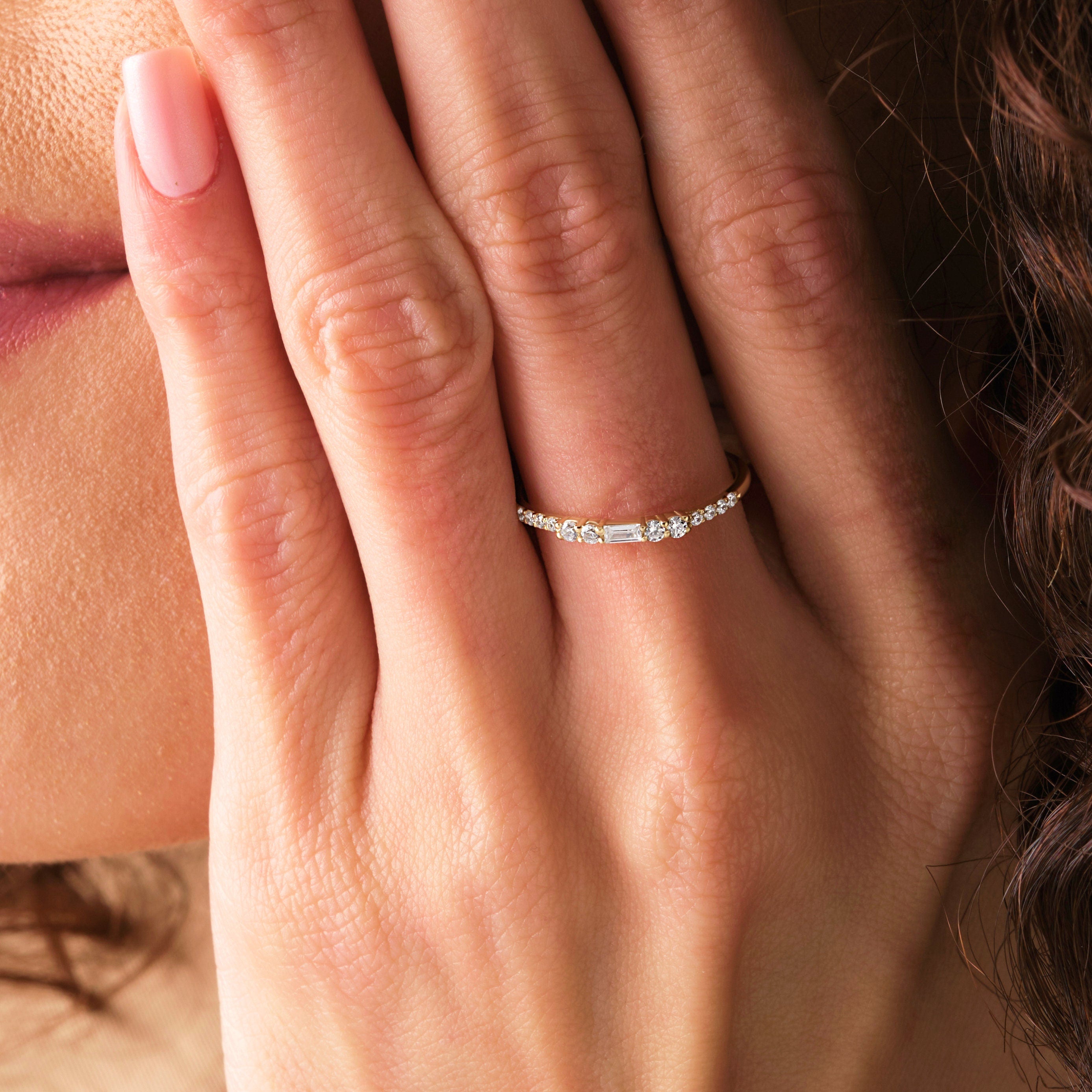 Solid Gold Stacking Ring Delicate Baguette Diamond