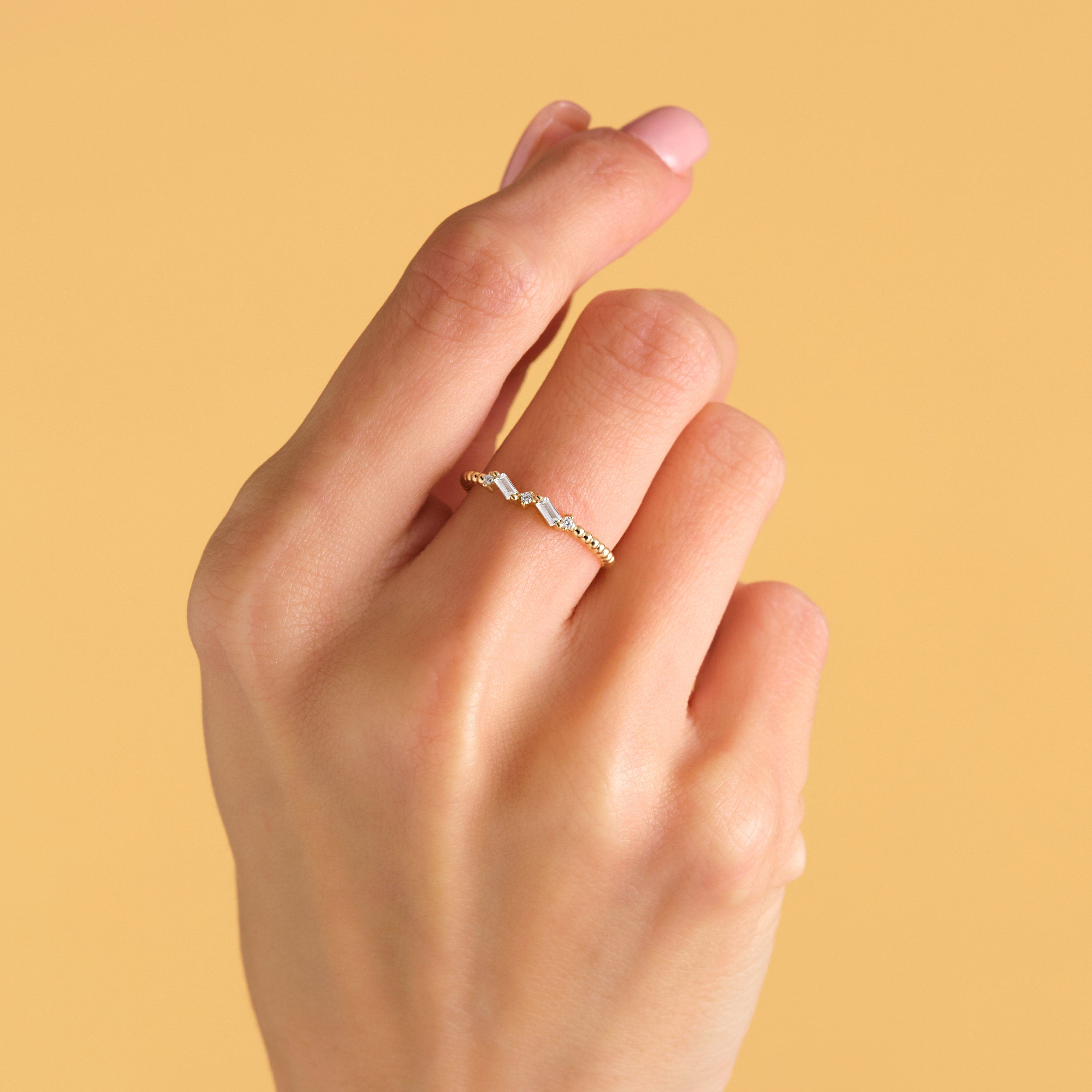 Beaded Band Diamond Cluster Gold Baguette Ring