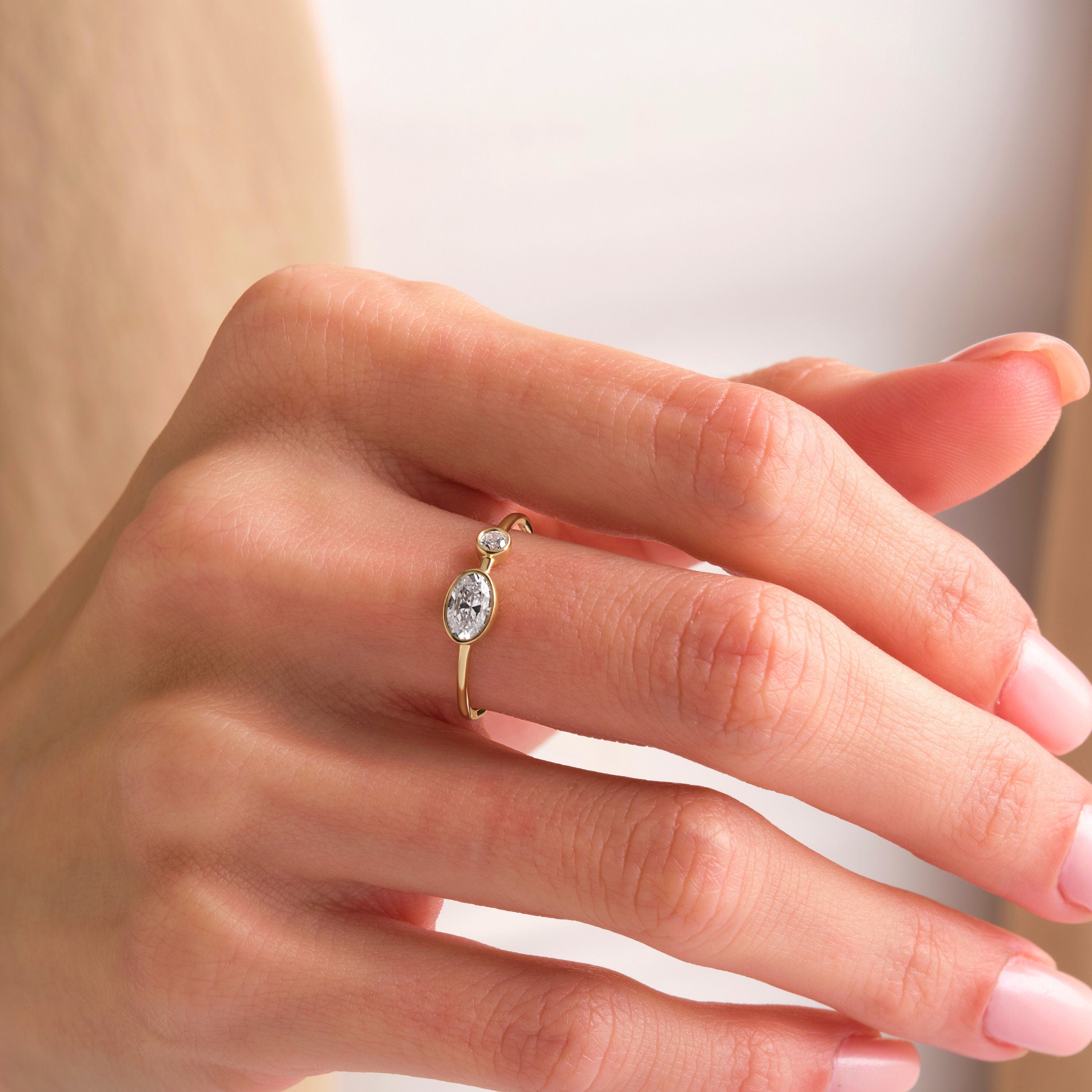 14K Gold Diamond Ring Bezel Set Oval Two Stone