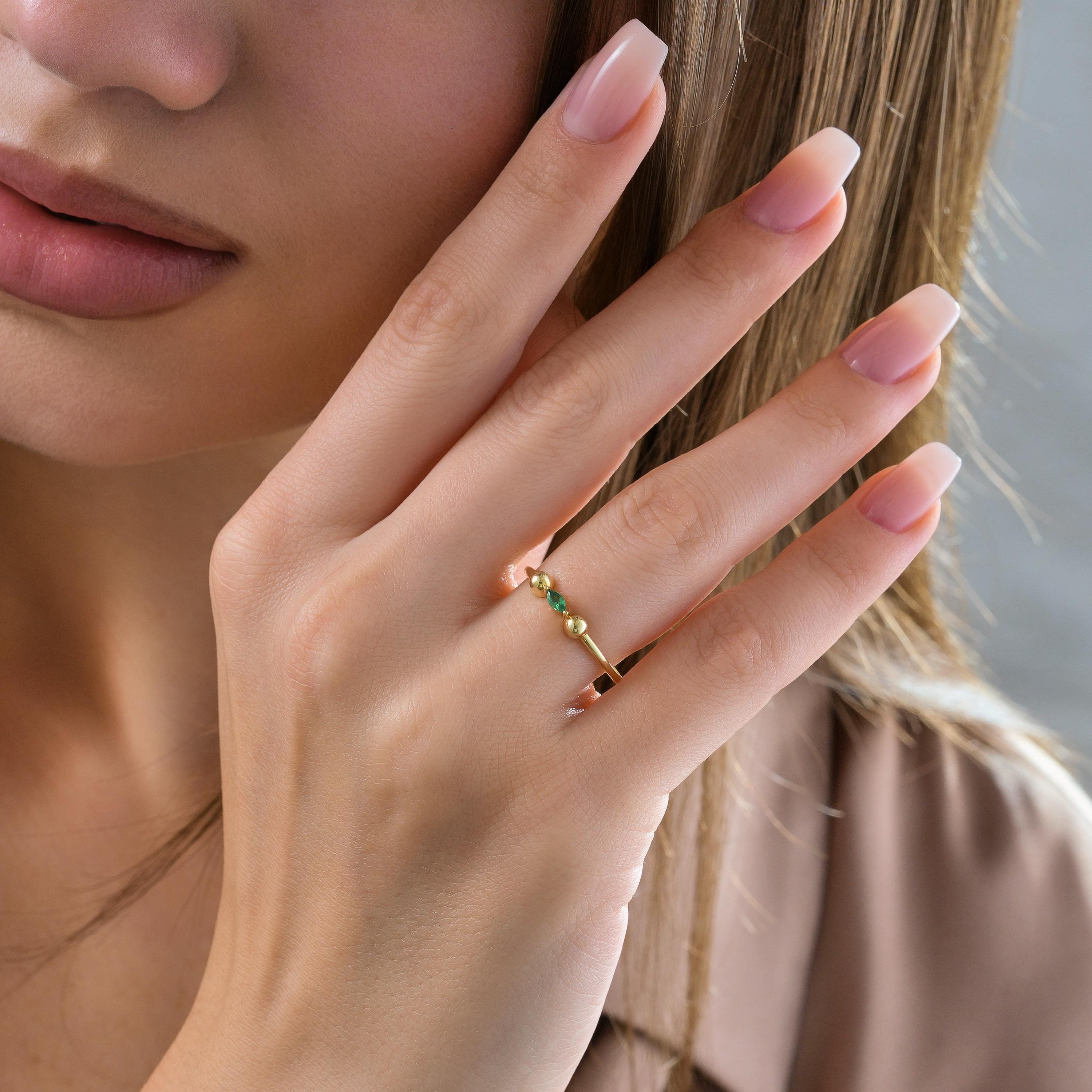 minimalist emerald green marquise stacking ring gold beads custom birthstone jewelry
