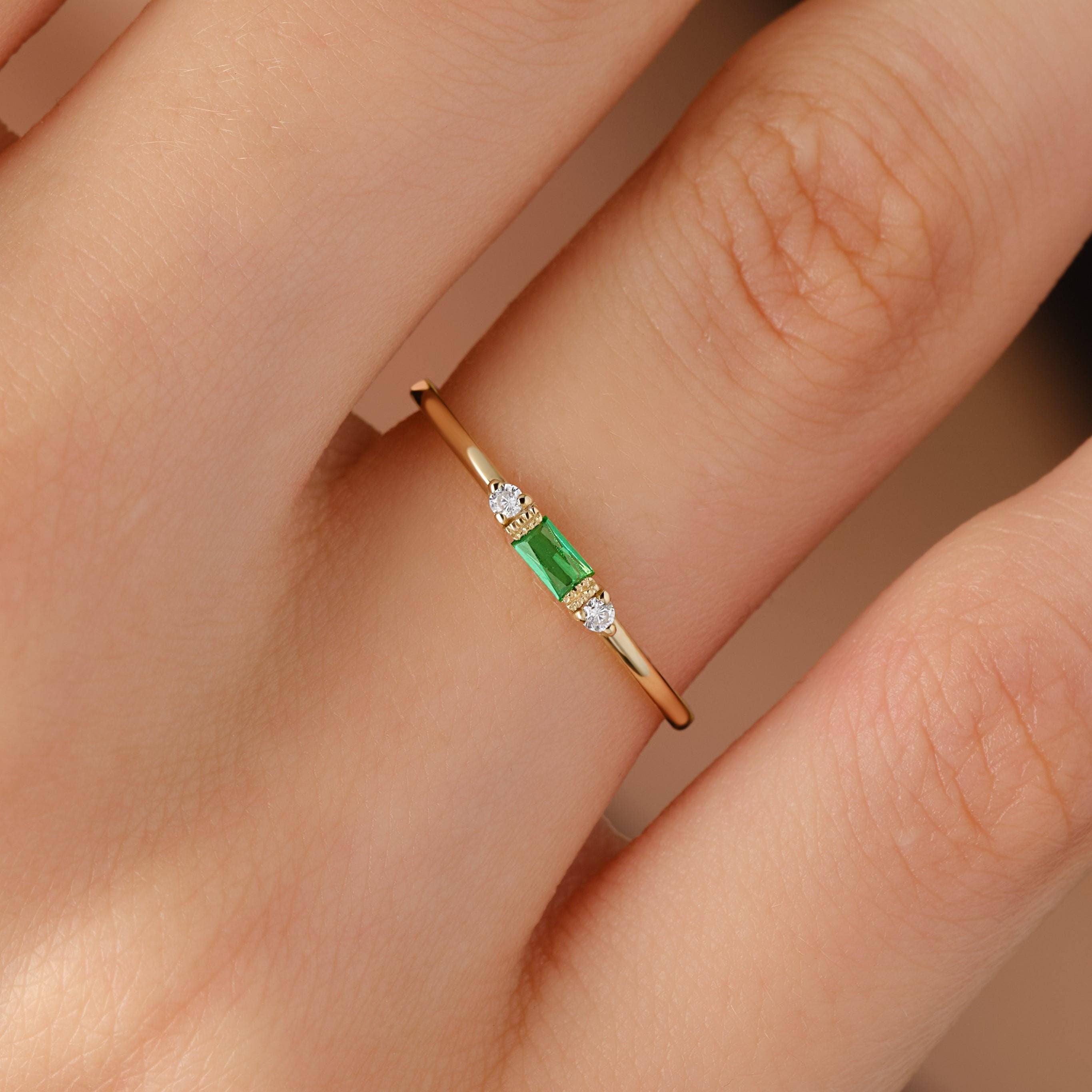 Emerald Stacking Gold Ring Custom Birthstone Three Stone